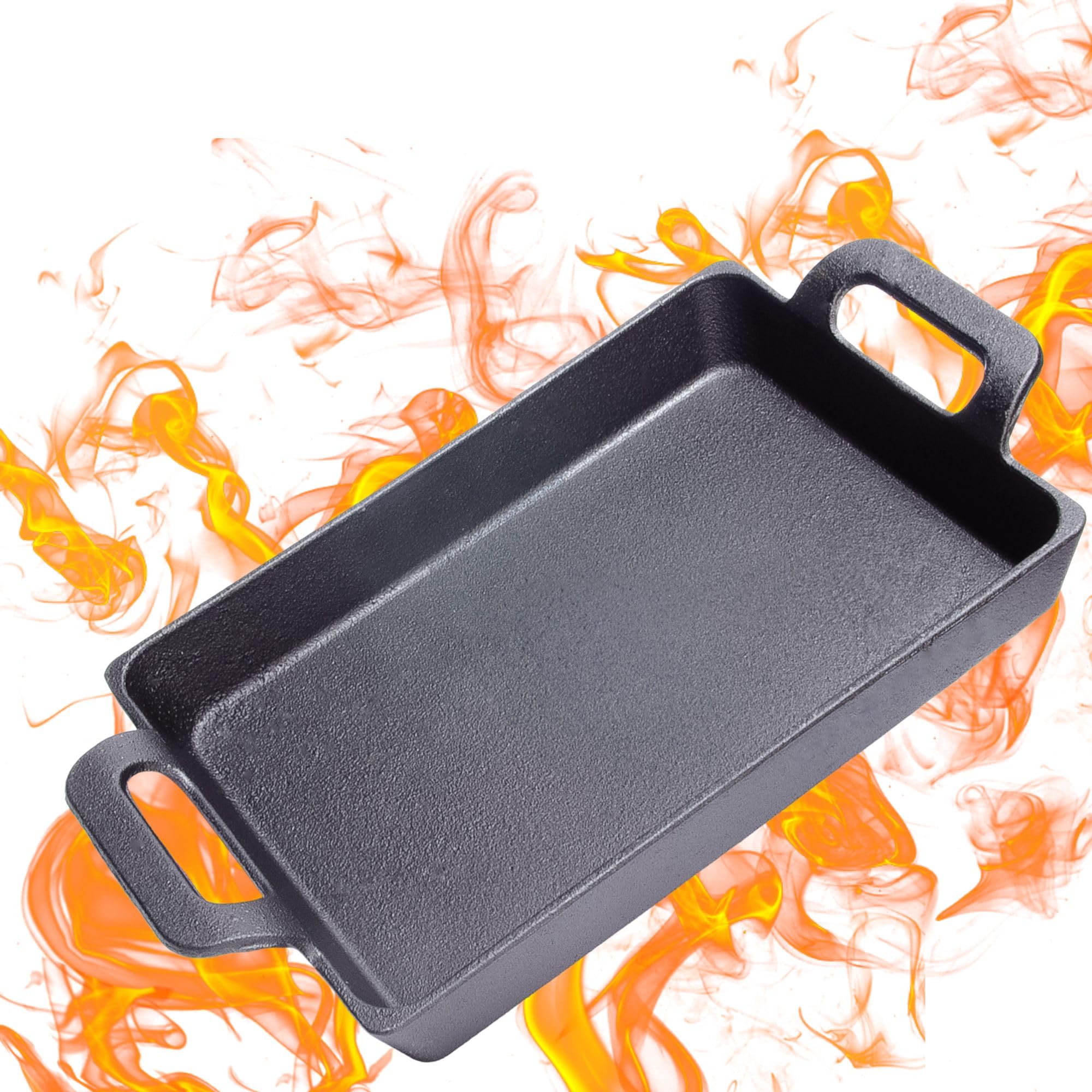 Bestargot Gusseisenpfanne Induktion Grillpfanne 24 x 17 cm, Cast Iron Pan mit zwei Griffen, Rechteckig Pfanne Gusseisen, Gusspfanne Steakpfanne für Gasgrill, Backofen, Gas oder Camping Outdoor Kochen Sport & Freizeit