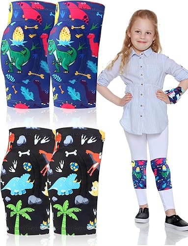 2 pares de rodilleras para niños, de dinosaurio, antideslizantes, acolchadas, de esponja, transpirables, flexibles, rodilleras elásticas para niños,