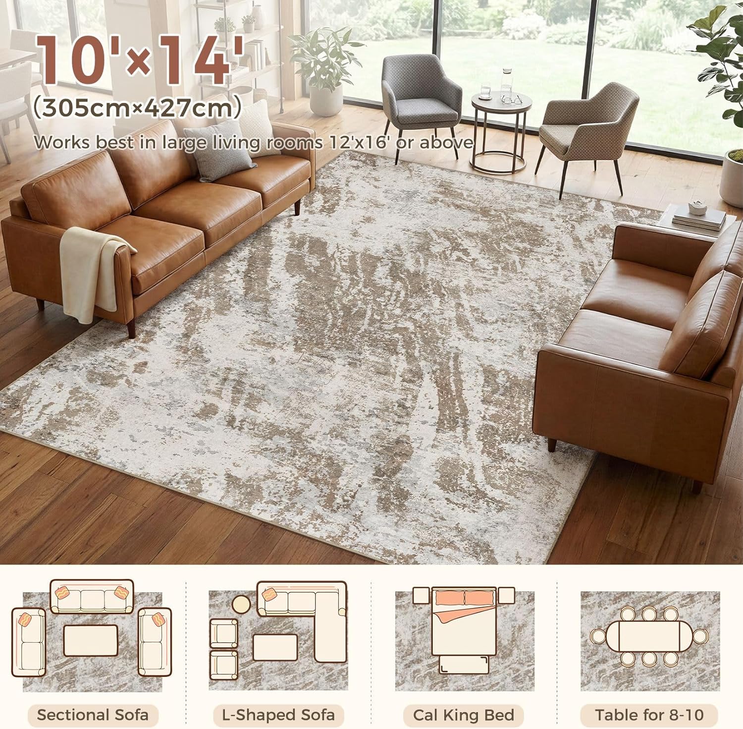 DMOYEST 10x14 Washable Area Rug: Abstract Modern Non-Slip Carpet, Soft Low Pile Indoor Neutral Easy Clean Floor Rugs for Living Room Bedroom Dining Room Kids & Pets - Brown