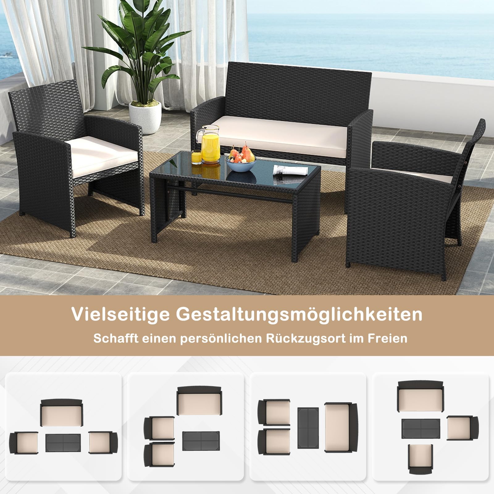 SOARS Gartenmöbel Set aus Polyrattan, Balkonmöbel mit 2 Sesseln, Zweisitzer, Glas-Couchtisch & 4 Sitzkissen, Lounge Möbel Outdoor für 4 Personen für Tarrasse, Balkon & Garten (Schwarz+Beige)