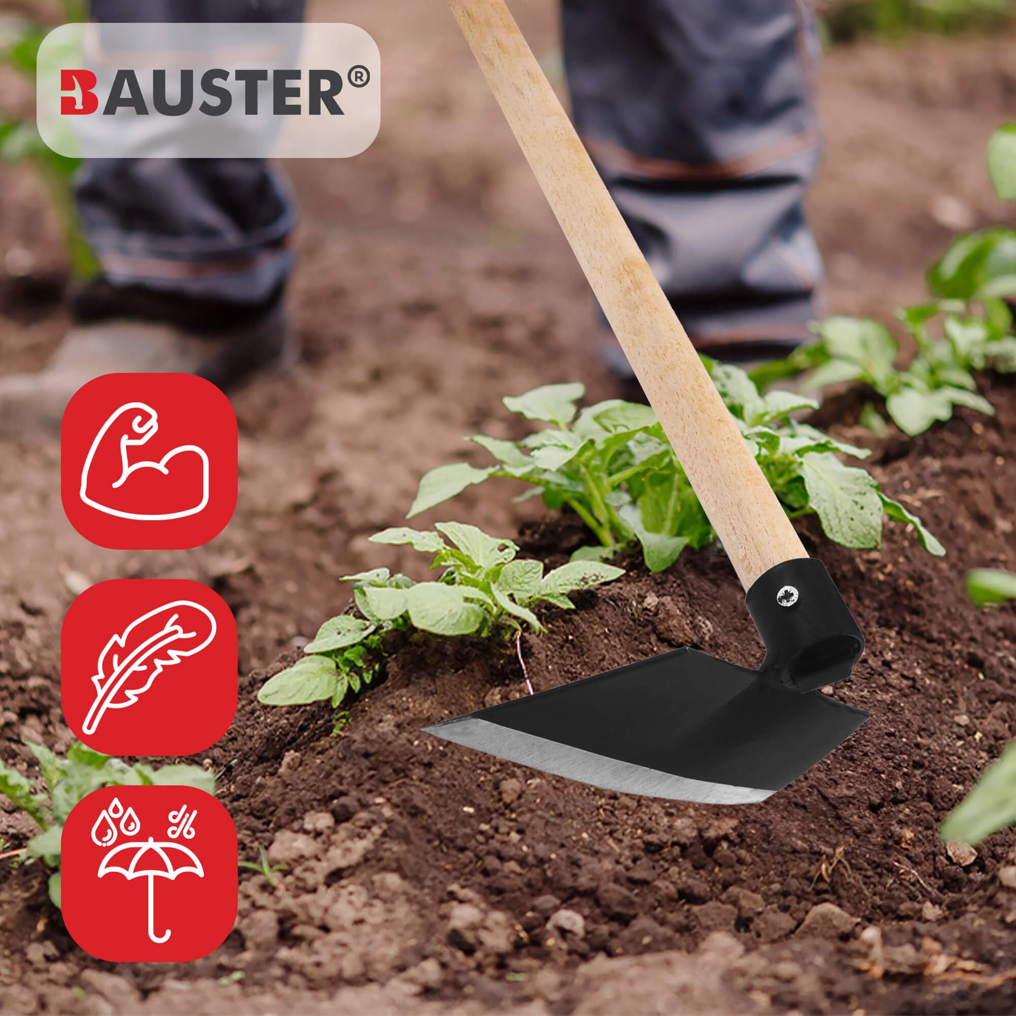 Gartenhacke mit Zinken – Rechteckige, geschmiedete Hacke (schwarz) mit 110 cm Holzstiel (Gesamtlänge 115 cm) – Für Erde lockern, lüften & Unkraut entfernen
