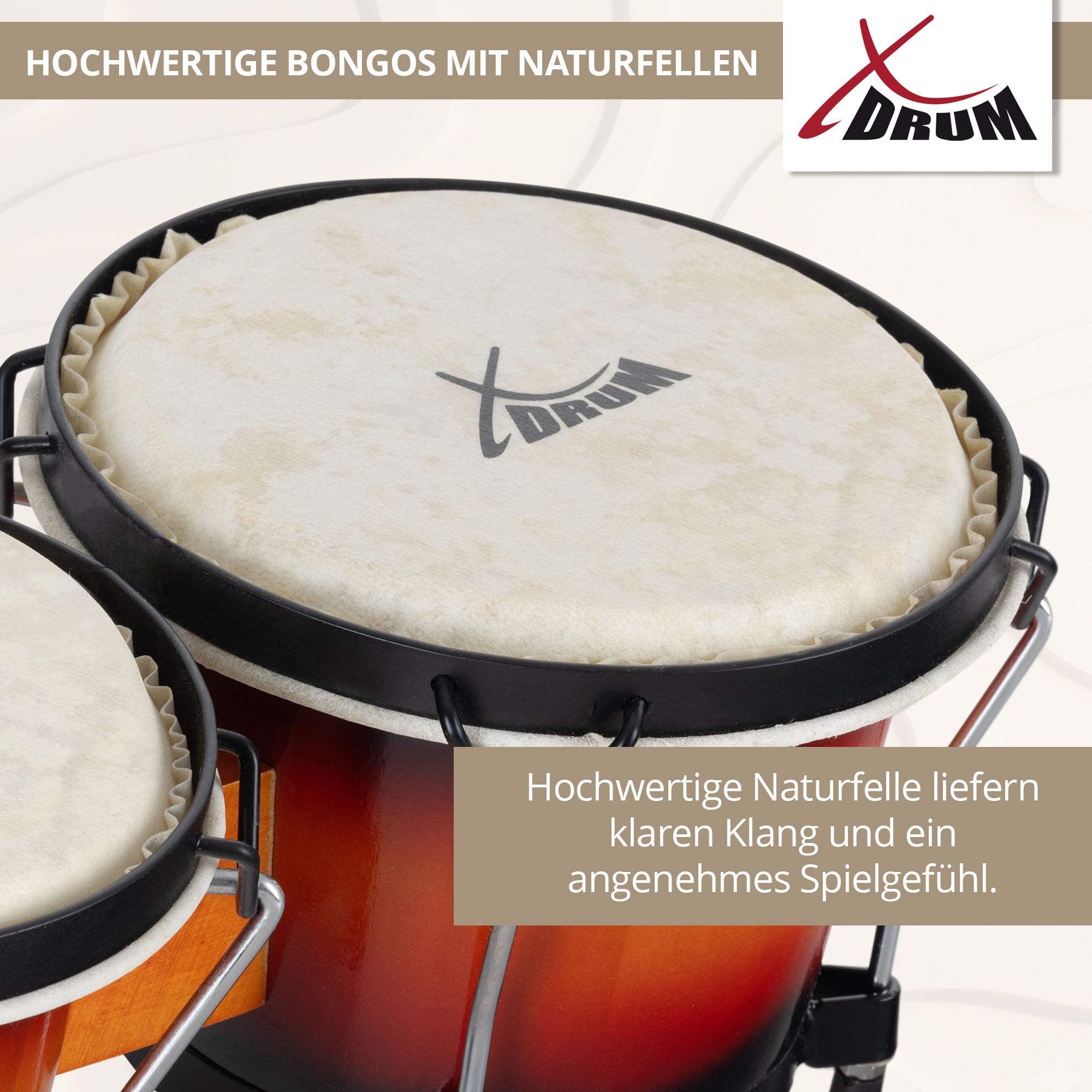 XDrum PERC Bongos Club Burdeos - 2 tambores de 6" y 7" - Bongos con parches naturales afinables y llave de afinación - Tambores de madera Vintage Sunburst