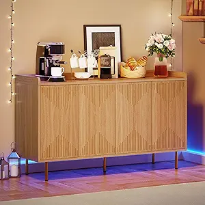 DWVO 55" Kitchen Storage Cabinet, Modern Sideboard Buffet Cabinet with Storage, Adjustable Shelves and Carved Design Doors for Living Room, Dining Room, Natural