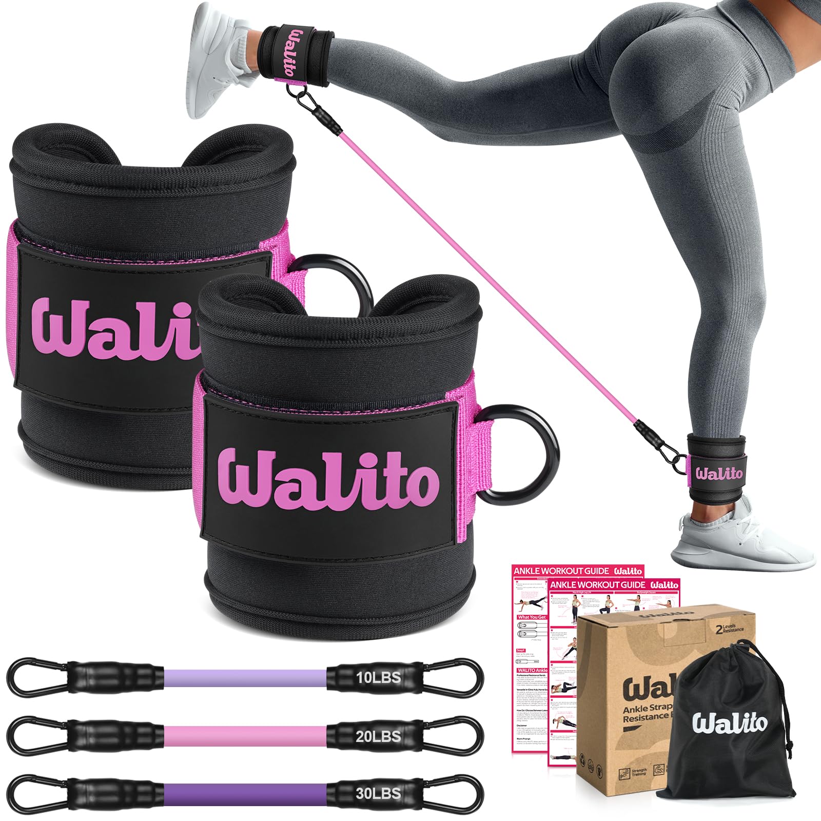 WALITO - Bandas de resistencia de tobillo con puños, bandas de tobillo para entrenamiento, correas de tobillo para mujer, bandas de ejercicio para piernas y glúteos, equipo de entrenamiento de glúteos