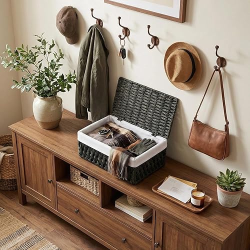 Cestas pequeñas de almacenamiento tejidas con tapas, juego de 3, cubos de almacenamiento de mimbre de cuerda de papel negro para estante de baño,