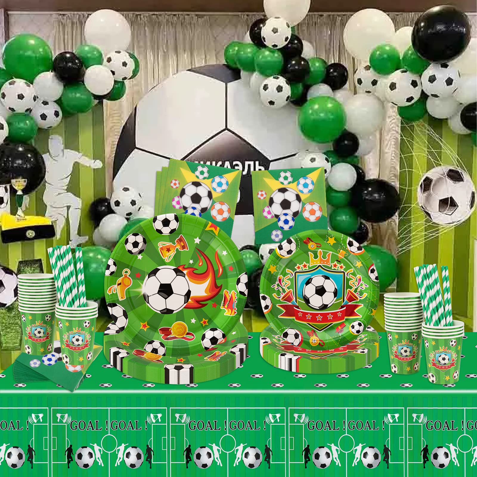 PHOGARY 84 Piezas Decoración Cumpleaños Fútbol, Vajilla Cumpleaños para 16 Personas, Platos, Tazas, Servilletas, Pajillas