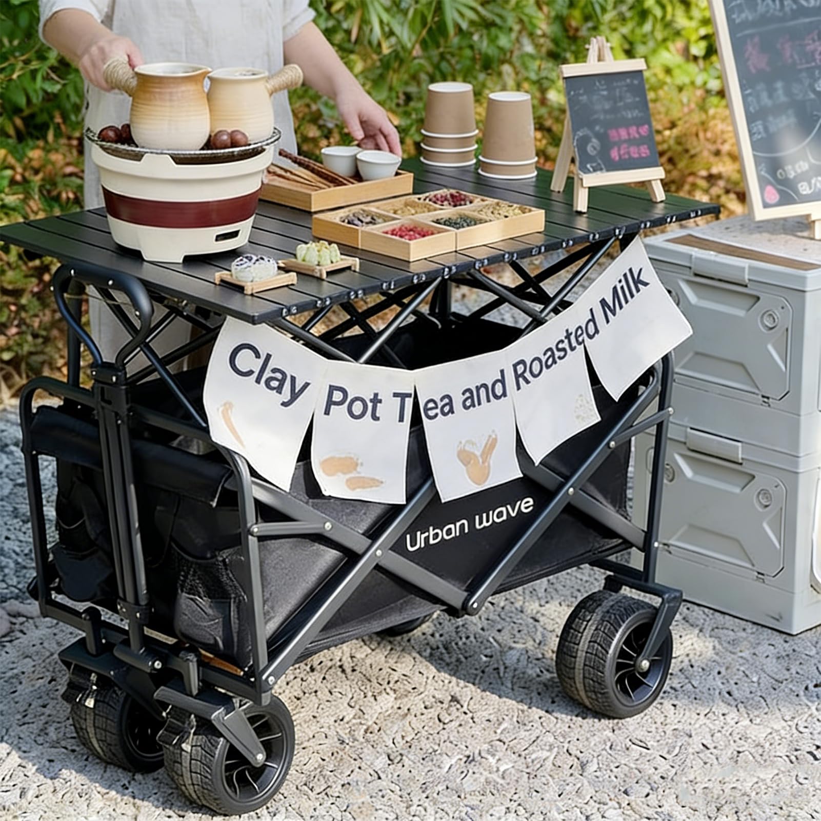 Faltbar Alle Gelände Bollerwagen | Robuster Zusammenklappbarer Wagen | Faltbarer Gartenwagen | Strandwagen | Geländegängiger Festival-Trolley (Mit Tisch Und Stühlen Schwarz)