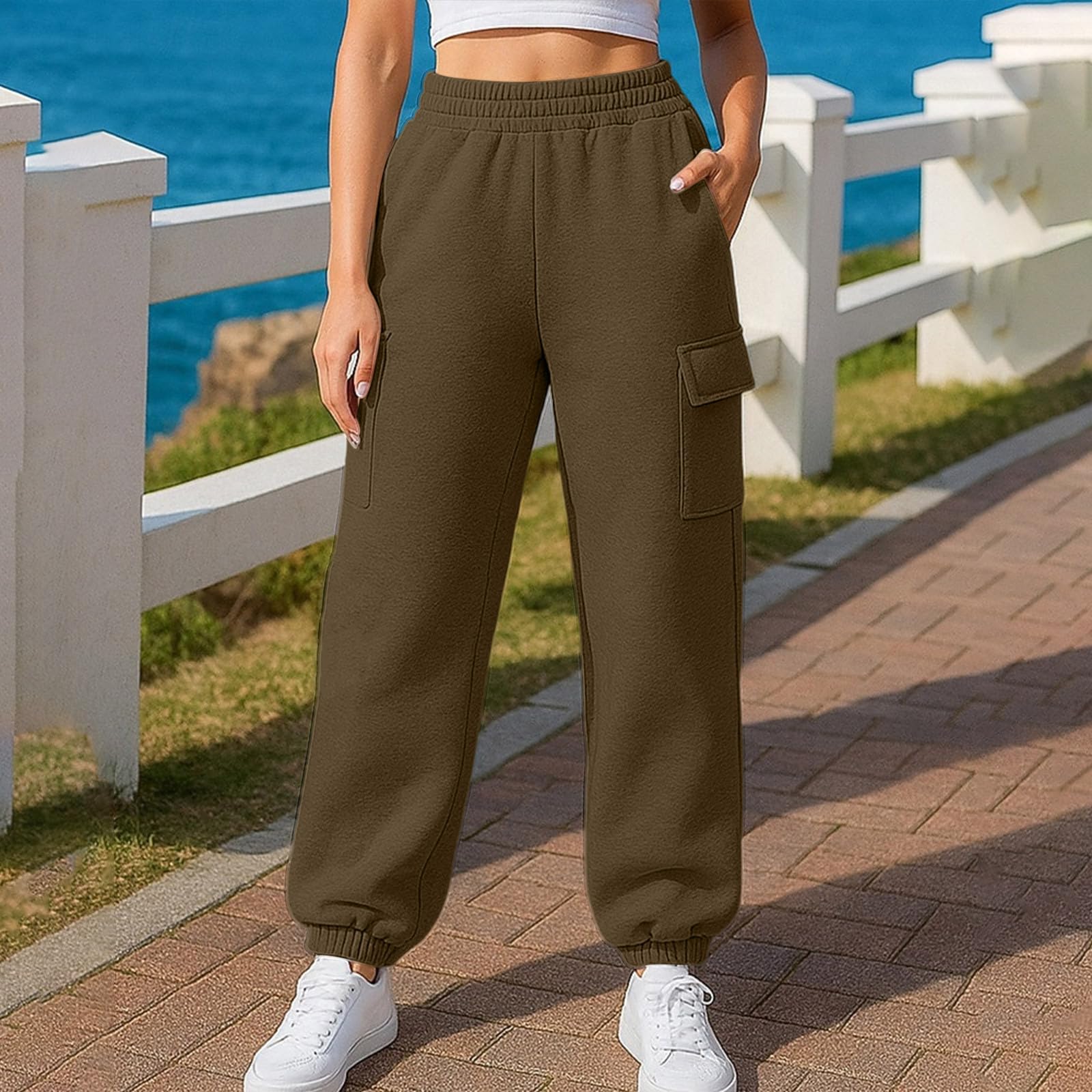 Générique Pantalon Femme Couleur Unie Loisir Taille Élastique Coupe Souple Poches Casual Pantalon Au Toucher Doux, Vêtement Agréable À Porter, Tenue Idéale pour Accompagner Les Moments Quotidiens