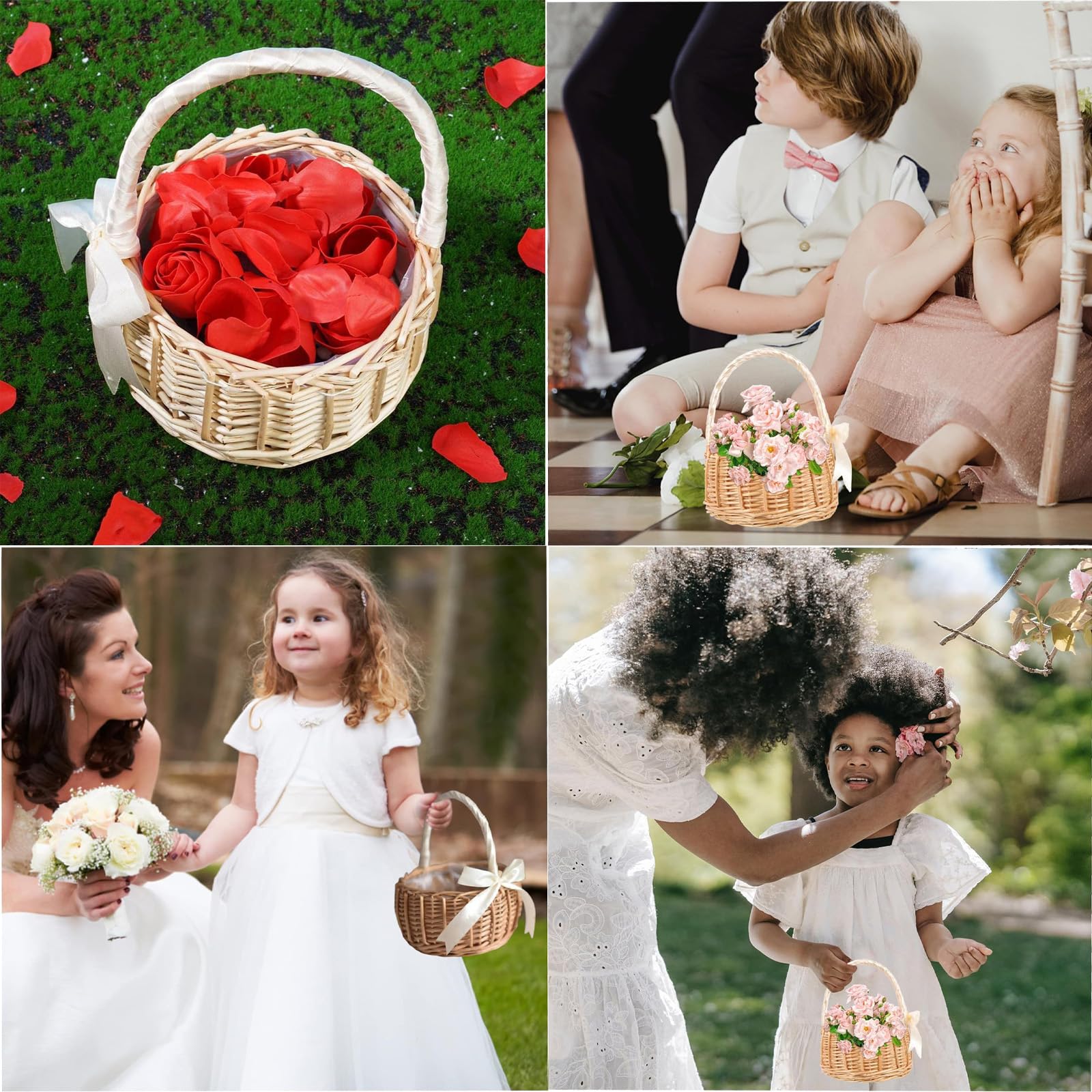 2 Pezzi Cesto Intrecciato con Nastro in Vimini e Tessuto - Per Ragazze e Matrimonio Paglia per Bomboniere di Nozze