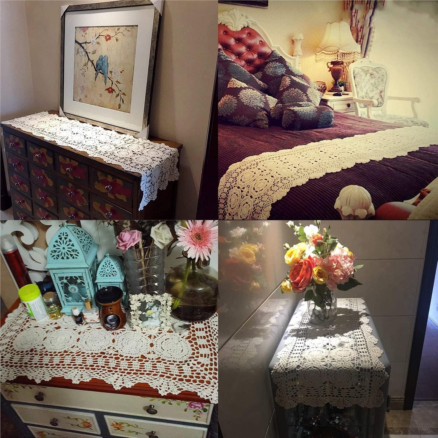 Damanni Rectangular Cotton Handmade Crochet Lace Table Runner Doilies Table Dresser Scarf Décor,16 Inch by 55 Inch，Beige