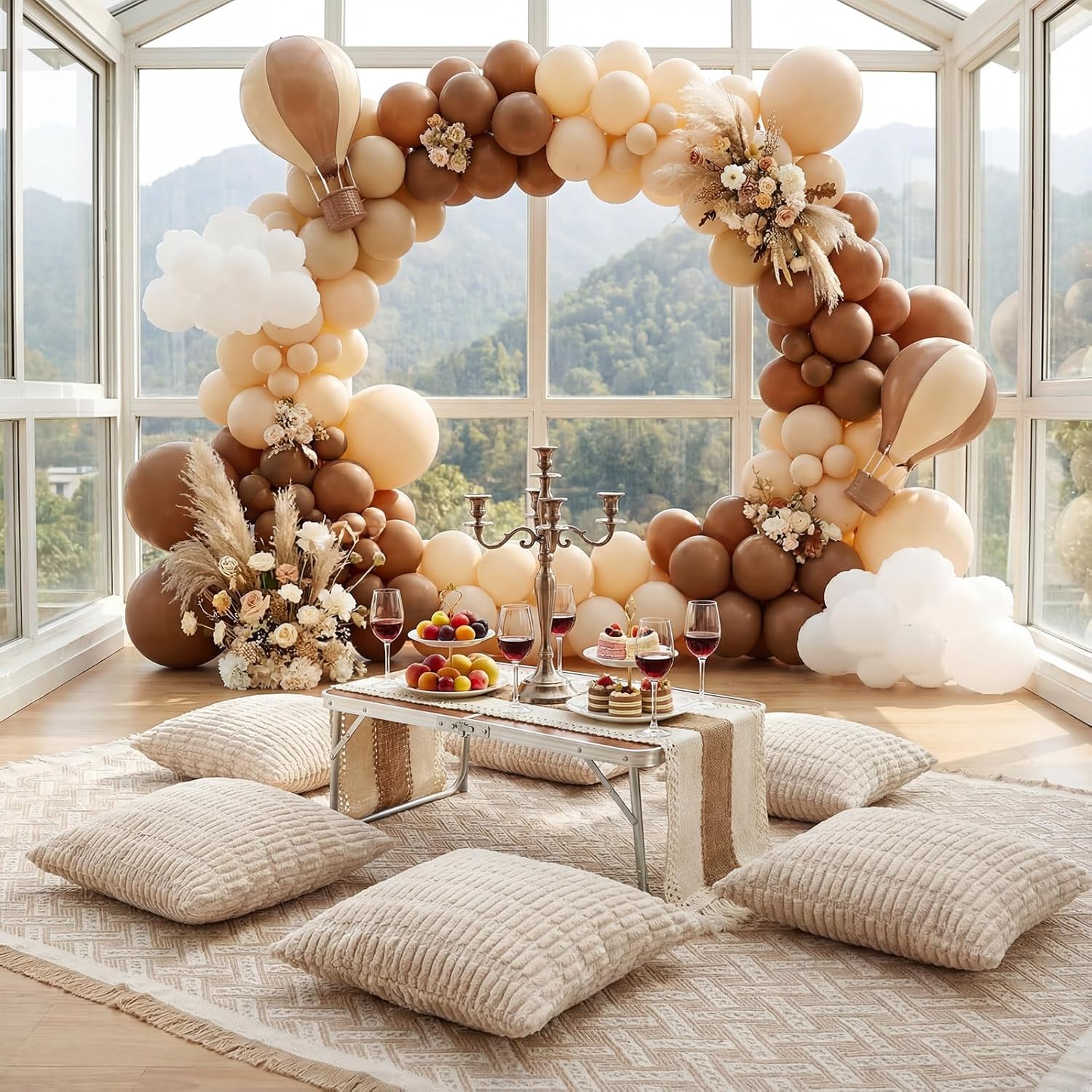 9 Pcs Extra Large Outdoor Boho Picnic Blanket 91'' x 71'' Folding Camping Table Beige White Table Runner 6 Throw Pillow with Pillow Cores Woven Cotton Yarn for Camping Garden Beach Wedding