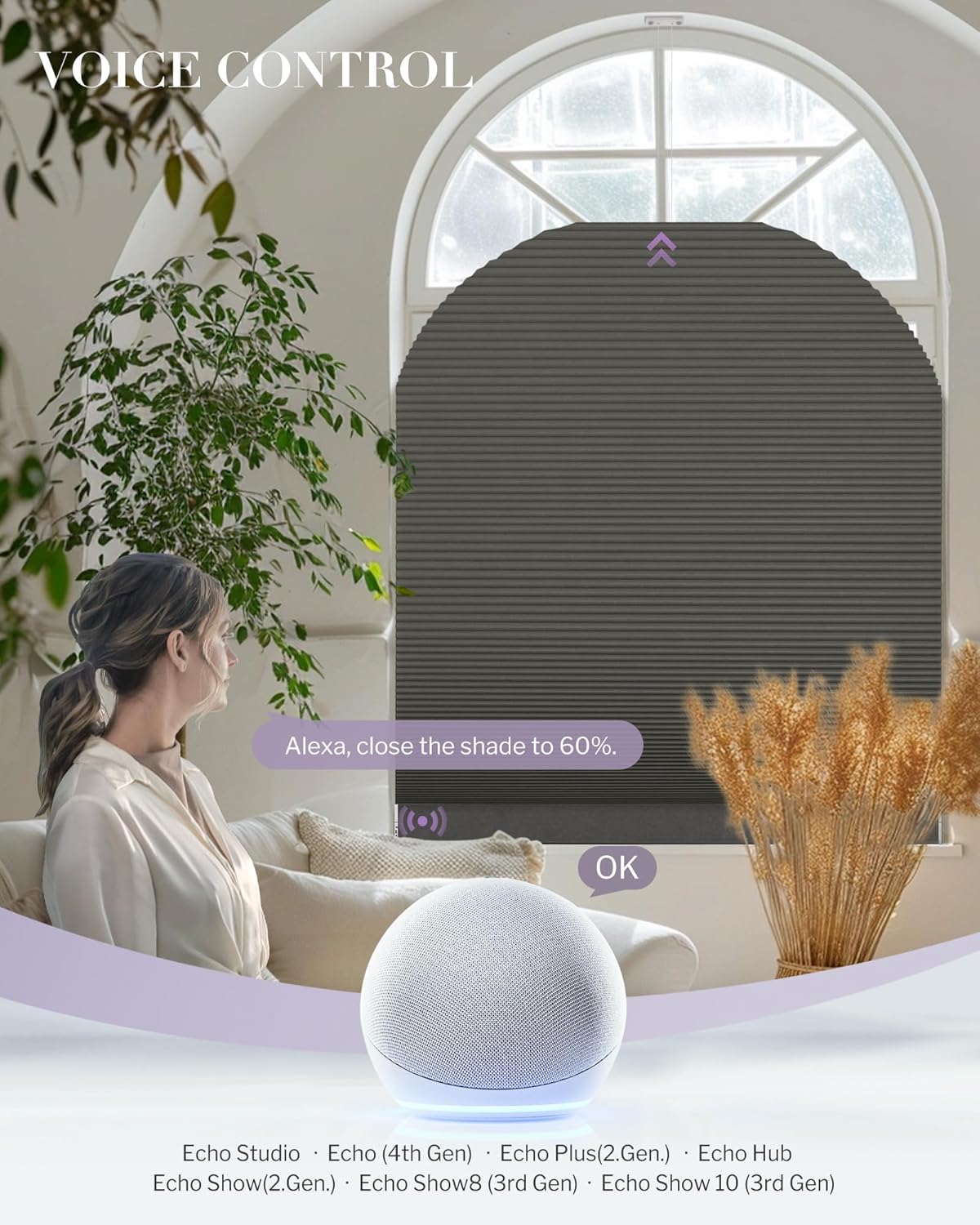 Graywind Smart Arched Blinds Compatible with Alexa Google Motorized Elongated Perfect Arch Shades Solar Powered, Customized for Odd-Shaped Window (Blackout White)