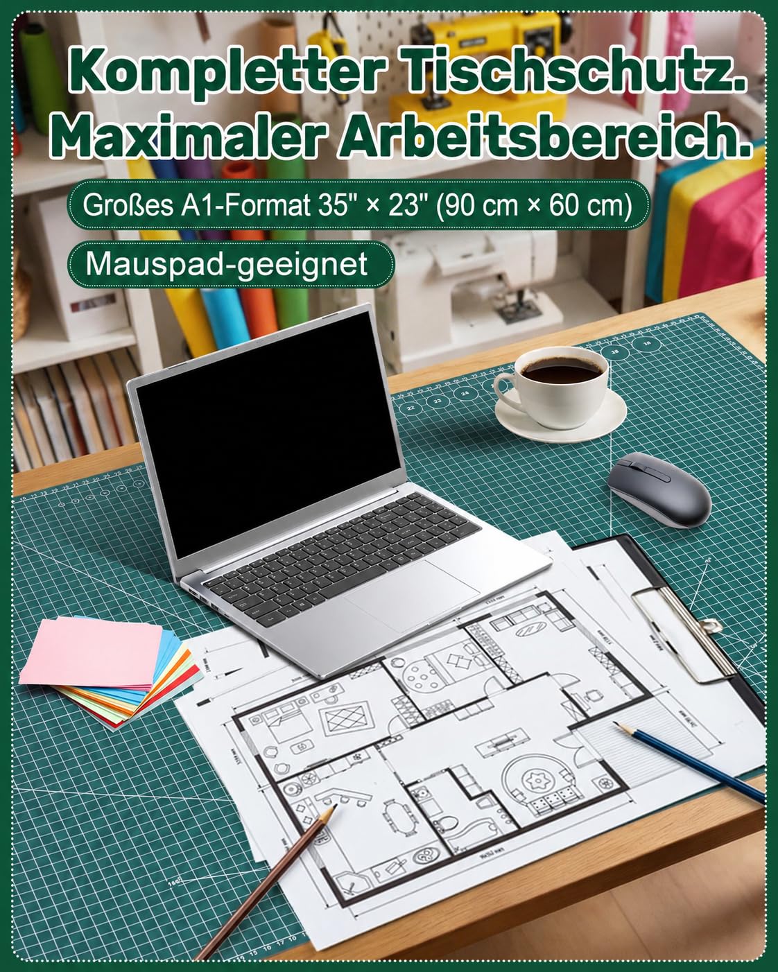 Schneidematte A1 60 x 90 cm, doppelseitige Bastelmatte, Bastelunterlage schnittfest für Rollschneider zum Nähen, Quilten, Scrapbooking & Basteln, Grün, Self Healing Cutting Mat for Hobby