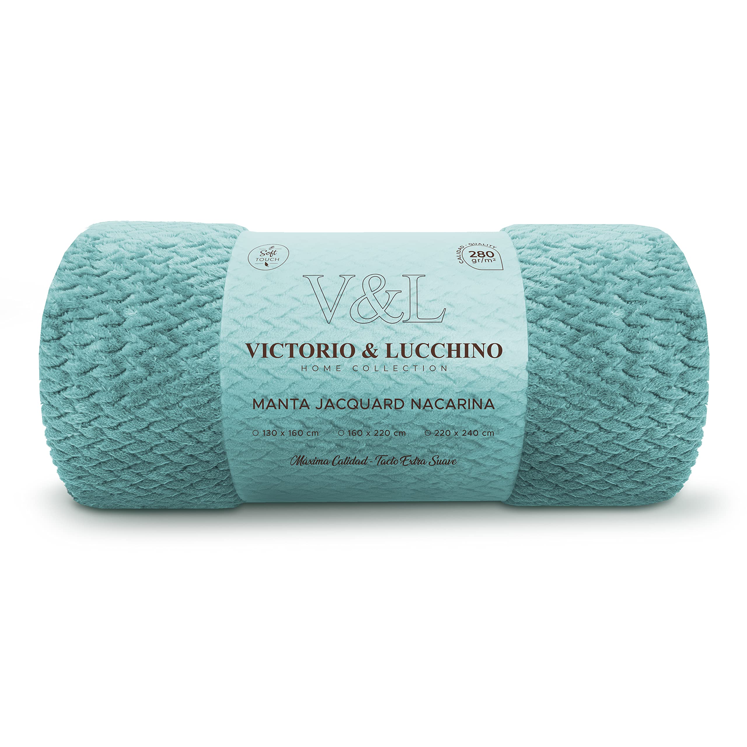 Victorio & Lucchino – Manta de Nacarina Suave y Cálida | Tacto Aterciopelado, Ligera y Confortable | 100% Poliéster | Ideal para Sofá o Cama (80517, Jacquard-Aqua, 130x160 cm)