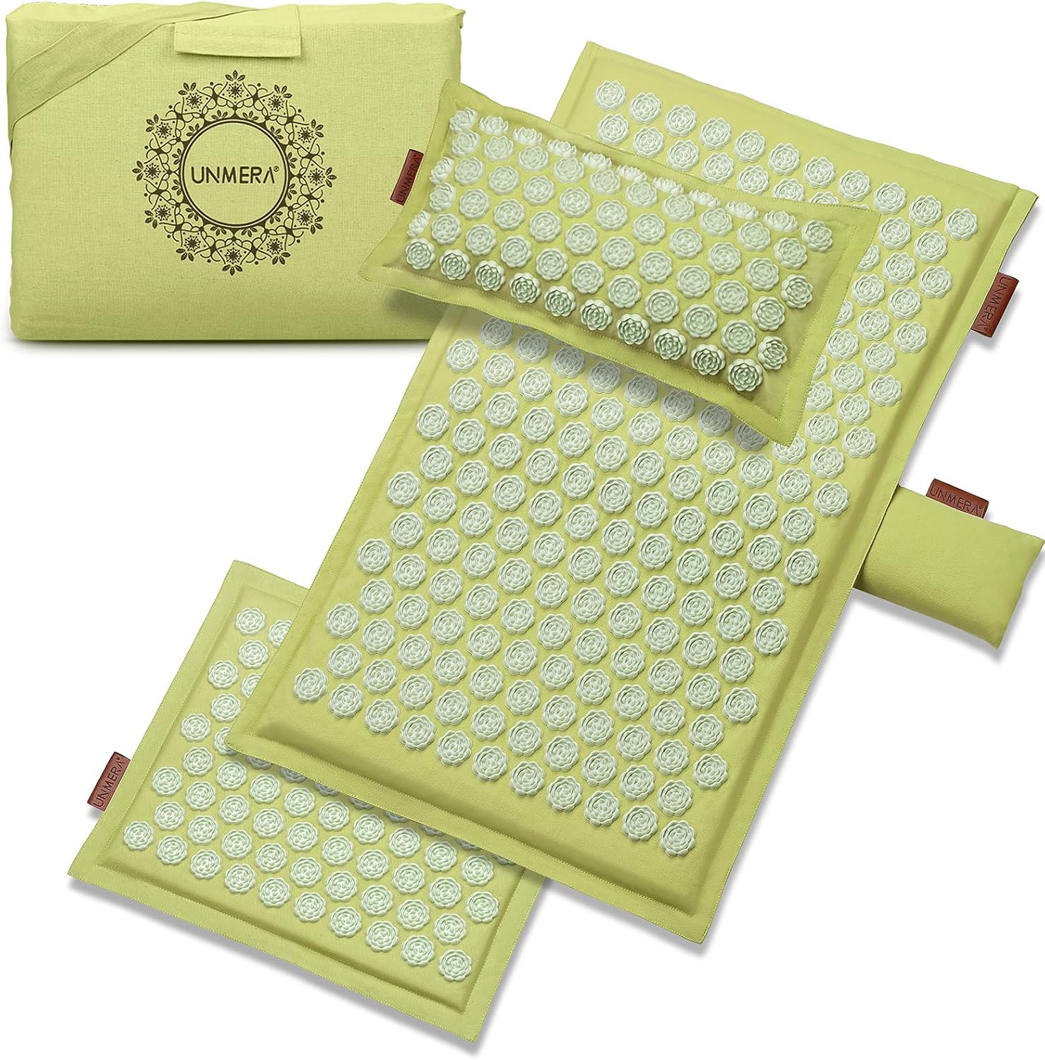 UNMERA Acupressure Mat and Pillow Set,Natural Premium Linen & Coconut Fiber Filling,for Back/Neck Pain Relief, Sciatic, Headache and Muscle Relaxation, Comes with Carrying Bag Xl-5- Piece Set- Forest Green