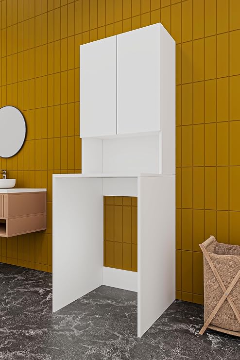 ASRA TREND Beyaz BD-01 Çamaşır Makinesi Üstü Banyo Dolabı 2 Kapaklı Açık Raflı 65x190 cm%100 MDFLAM