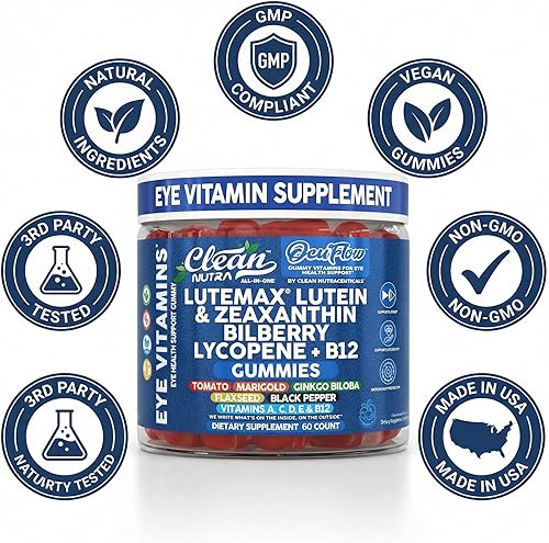 Miniatura 8 de Gomitas de vitamina ocular de luteína y zeaxantina de Clean Nutra + Arándano para el apoyo a la visión Ginkgo Biloba Caléndula, vitamina B12 Linaza