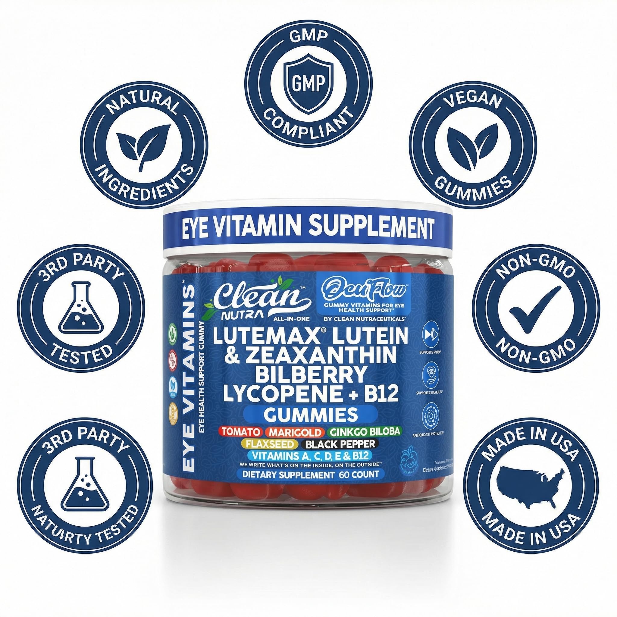 Clean Nutra Lutein and Zeaxanthin Eye Vitamins Gummies + Bilberry for Eyes Vision Support Ginkgo Biloba Marigold, Vitamin B12 Flaxseed Black Pepper CoQ10 Vitamin A l 60 Count B OcuFlow — Amazon image 8