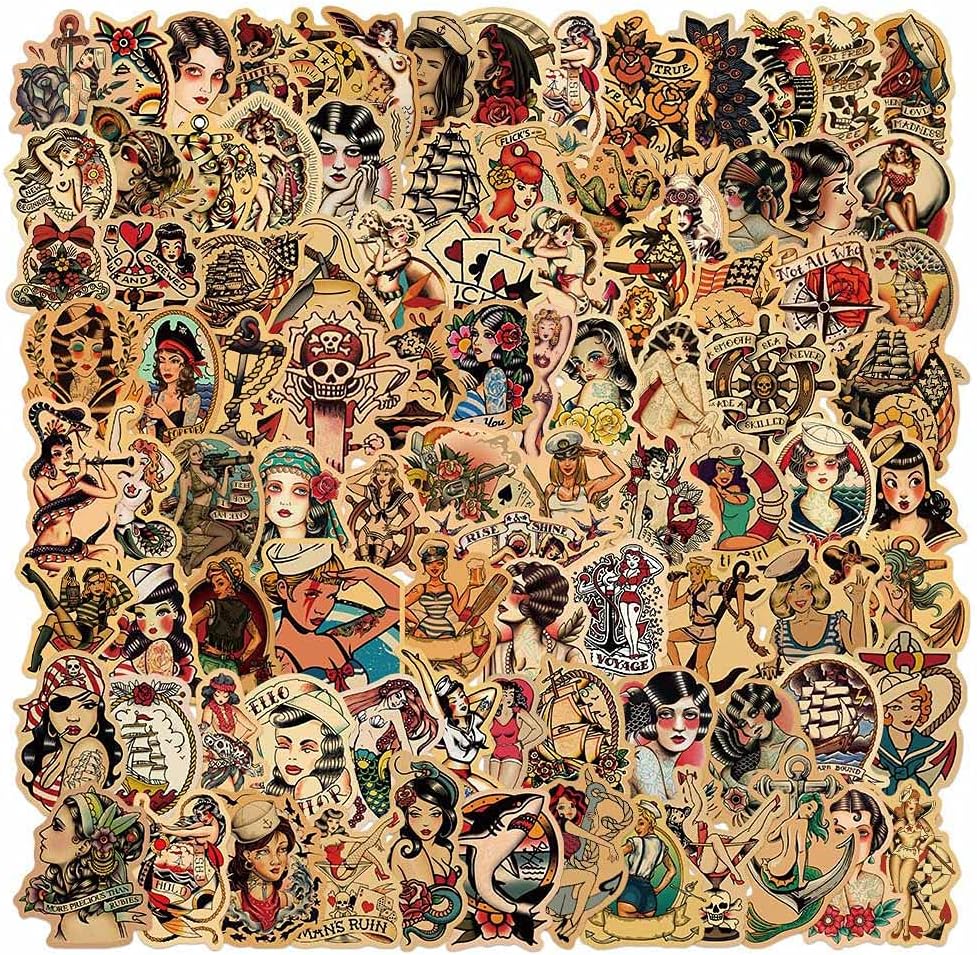 QIYUYA Vintage Stickers 100pcs Sailor Jerry Sticker Pack for Adults Vinyl Waterproof Retro Pinup Girl Deals for Laptop Water Bottle Hydro Flask Car Motorcycle Guitar Phone Luggage Men Decoration Sexy