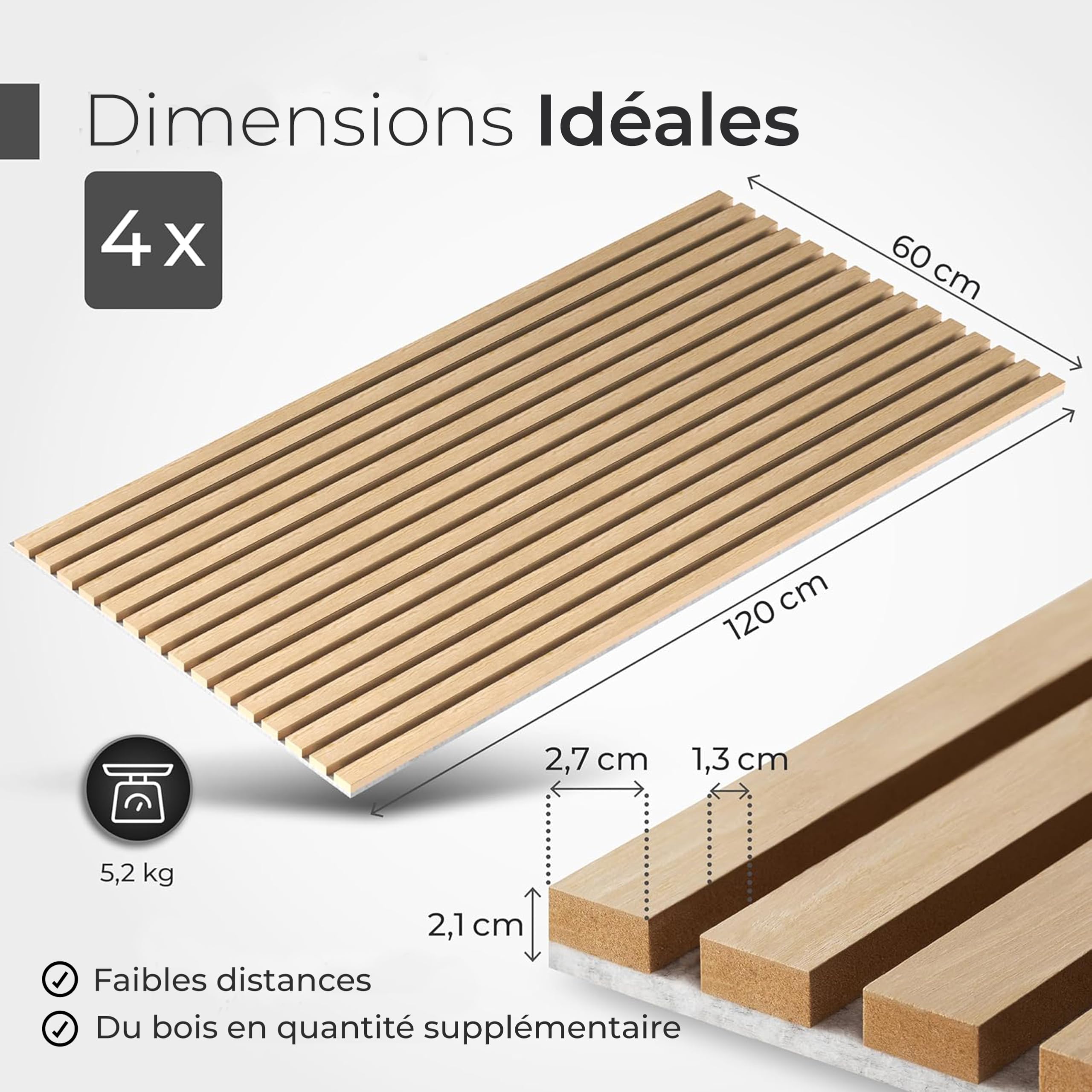 Panneaux Acoustiques en Bois | 4 Pièces, chaque 120x60cm | Placage en Bois Véritable (Chêne) & Feutre Acoustique (Gris) | Set de 4 = 2,88m² | Revêtement Mural, Isolation Phonique