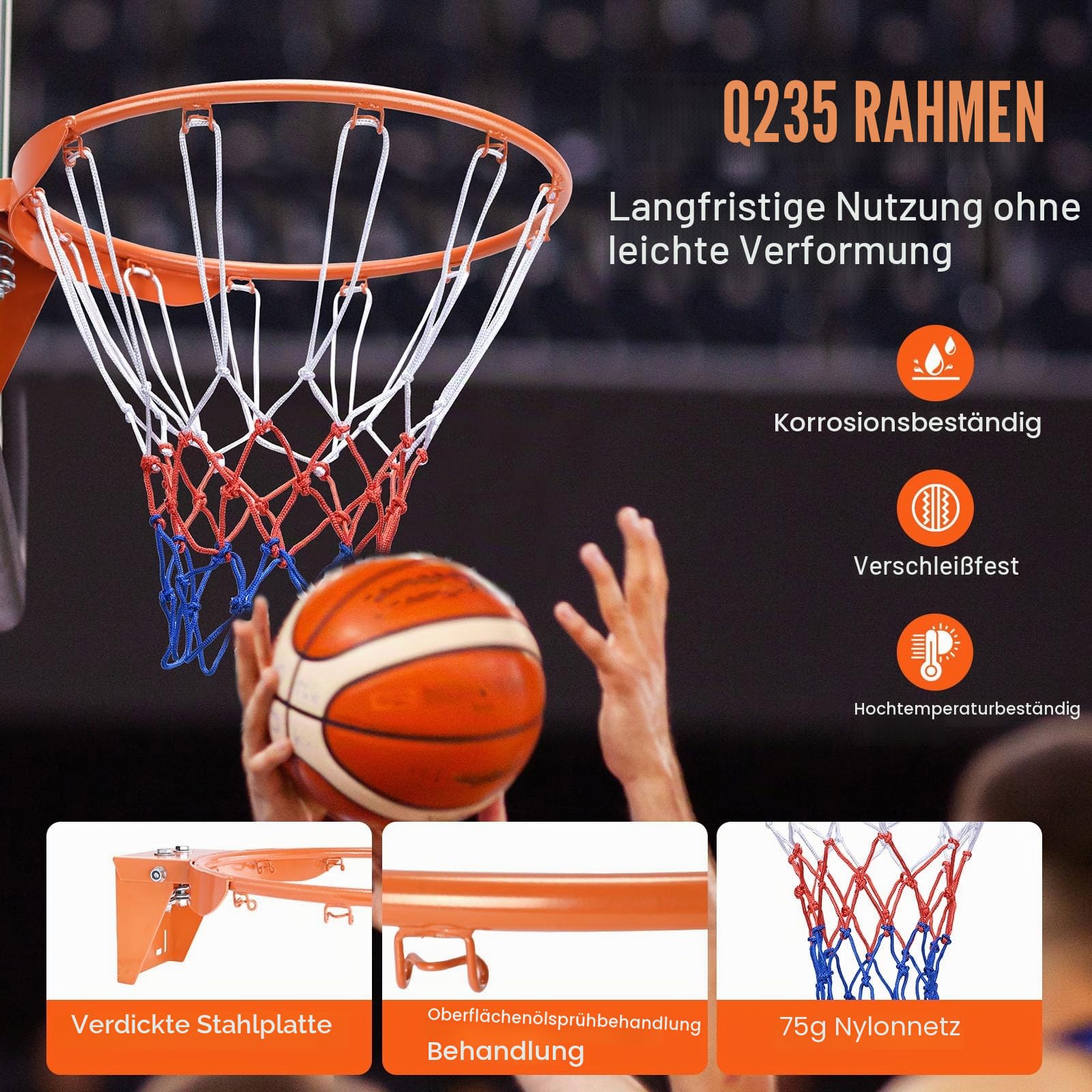 VEVOR Basketball-Felge, an der Wandtür montierter Basketballkorb, robuster Q235-Basketball-Flex-Rand-Torersatz mit Netz, Standard-18-Zoll-Hänge-Basketballkorb für den Innen- und Außenbereich für Kinde