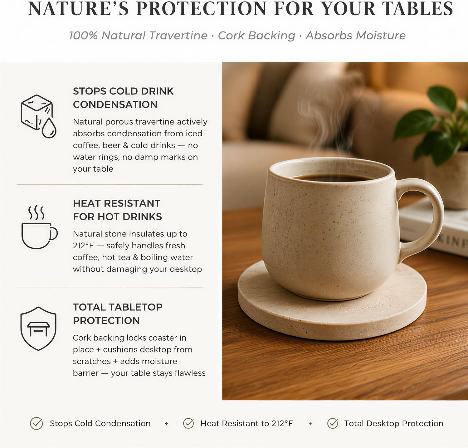 Travertine Stone Coasters Set of 4 ，4 inch Round Coasters Make a Great Housewarming, Providing Sturdy and Durable Desktop Protection for a Variety of Cups