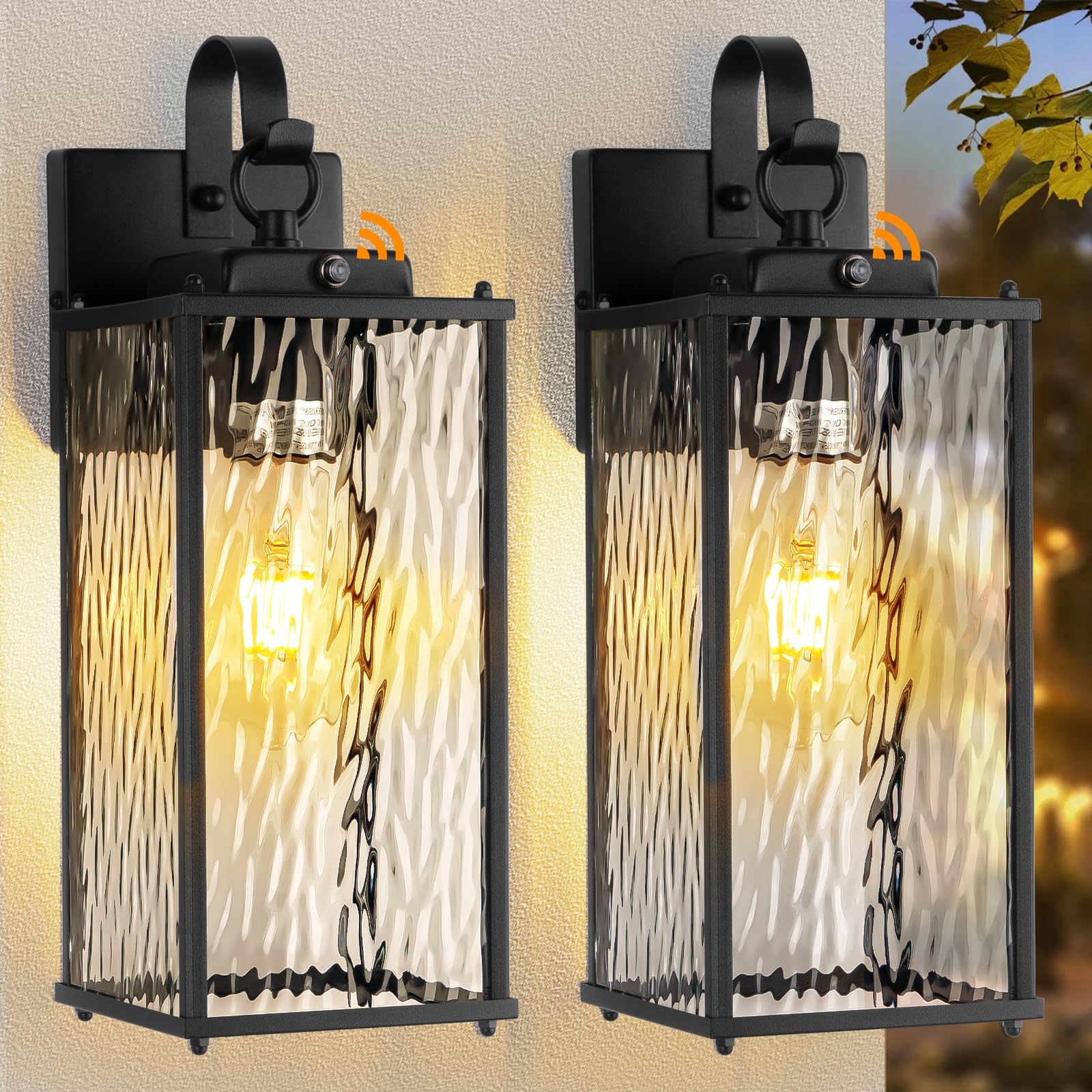 Sparluvix - 2 Pack 15" Ripple Glass Outdoor Lights IP65 Waterproof Matte Black with Front Photocell Sensor, Outdoor Light Fixtures
