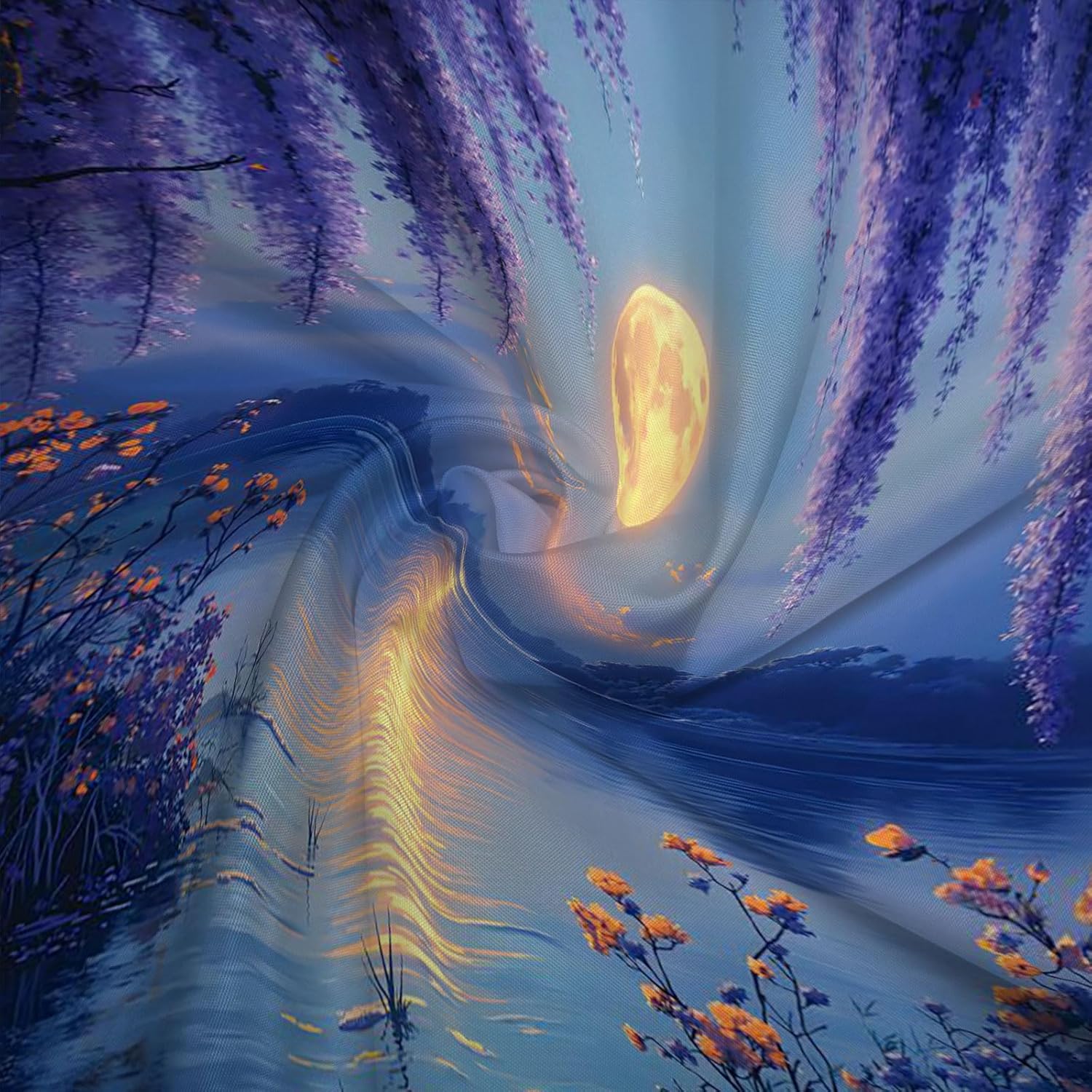 Purple Floral Full Moon Shower Curtain Spring Lavender Flower Watercolor Weeping Wisteria Blossom Vine Leaves Lake Landscape Bath Curtain Fabric Bathroom Accessories Decor with Hooks 90W x70L