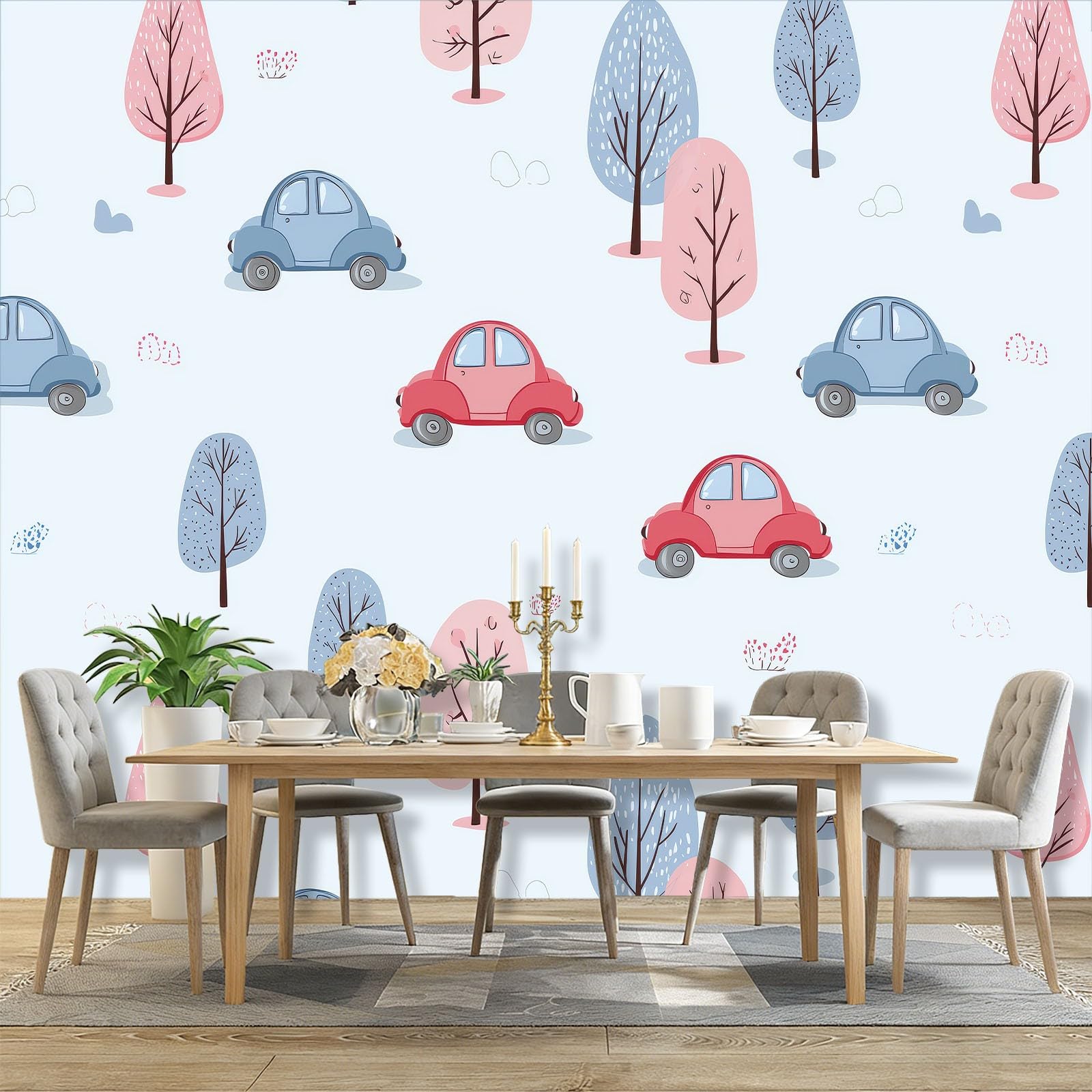 Fototapeta nowoczesna akwarela samochody drzewo tapeta malowidła ścienne jasnoniebieski plakat fotograficzny do sypialni salonu TV ściana 400 x 280 cm