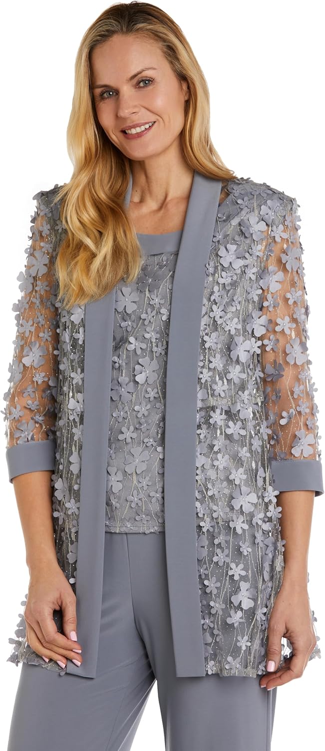 R&M Richards Women's 2-Piece 3D Flower Embellished Mesh Mock Top & Ity Pant Set - Formal Evening Cocktail Party