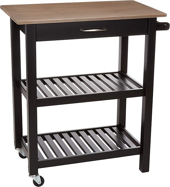 Amazon Basics Multifunction Rolling Kitchen Trolley Island with Open Shelves - Reclaimed Grey and Black