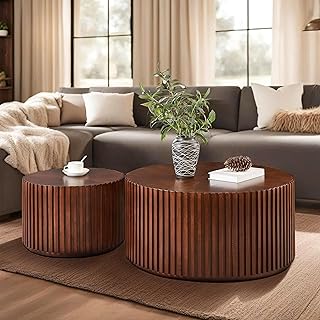 Round Wood Coffee Table Set of 2, Handcraft Drum Side Table End Table for Living Room, Modern Circle Wooden Coffee Table Set for Small Space, No Need Assembly(Espresso,31x31x16 in)