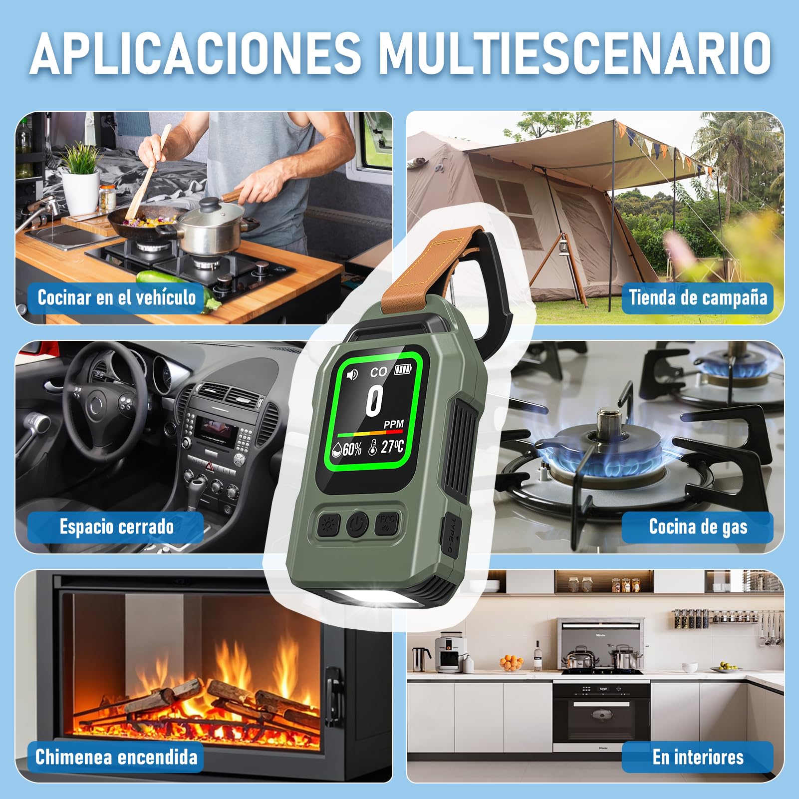 Detector de Monóxido de Carbono Portátil, 300 Horas de Autonomía, Medidor de Temperatura y Humedad, con función de Alarma y Linterna de Emergencia, Ideal para acampadas, Viajes, Coches y cocinas.