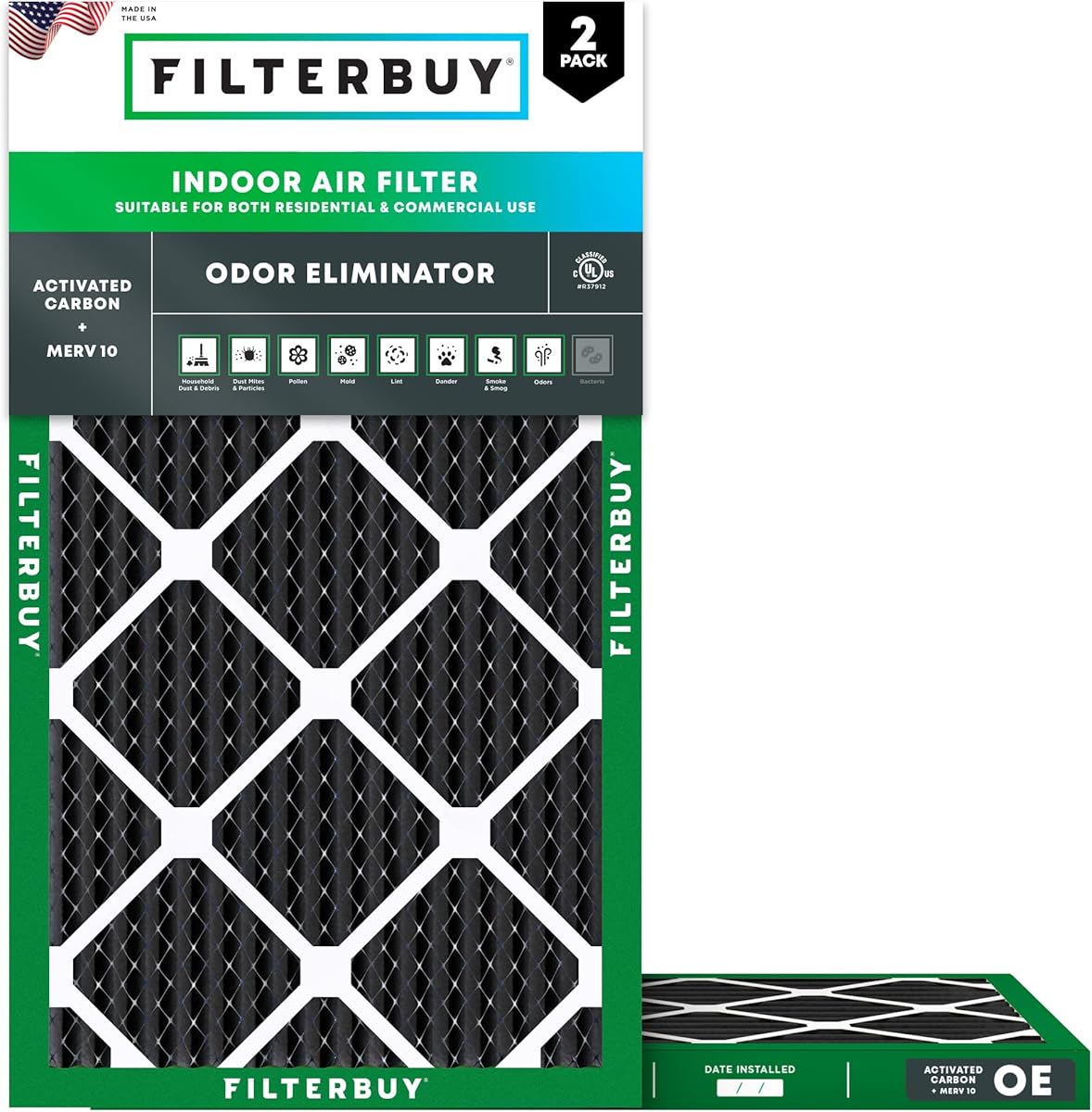 Filterbuy 10x20x1 Air Filter MERV 10 Odor & Allergy Defense with Activated Carbon (2-Pack), Electrostatic Pleated HVAC AC Furnace Filters Replacement, Made in USA (Actual Size: 9.50 x 19.50 x 0.75)