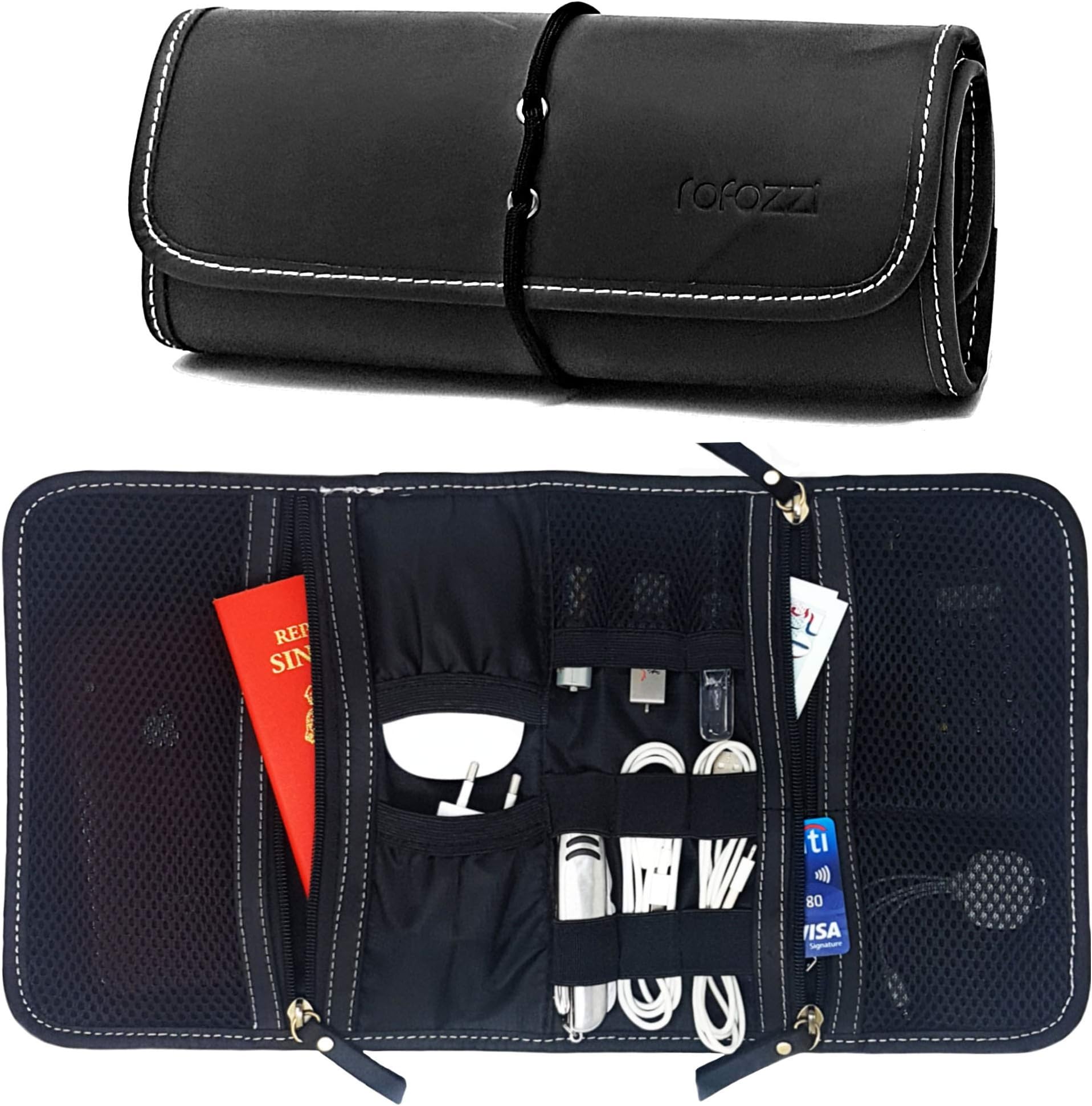 rofozzi Unisex Roll-Up Leather Organizer for Cables and Small Electronics (Black)