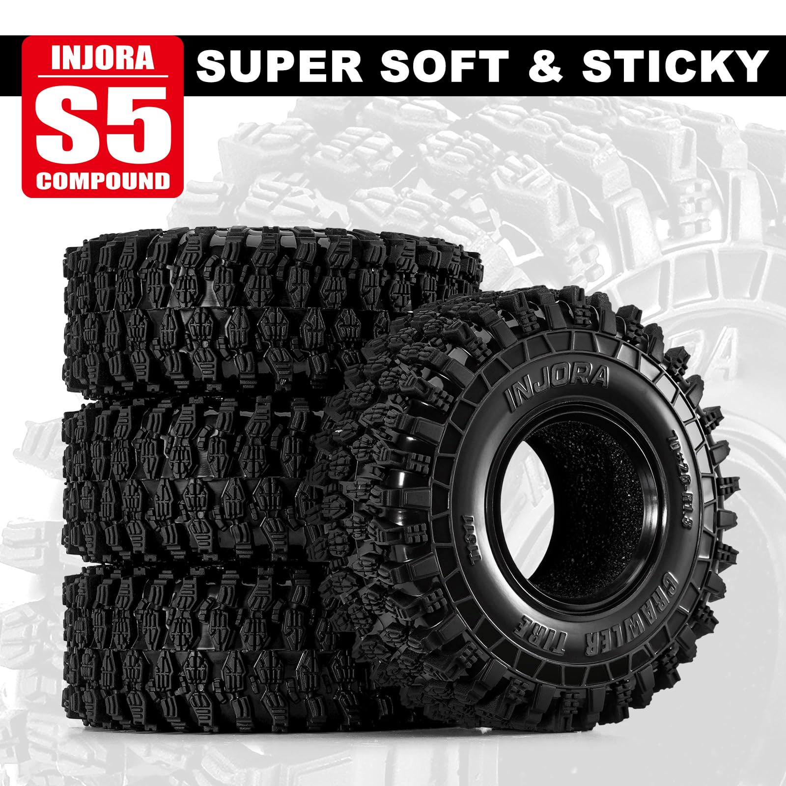 INJORA 1.3" Crawler Tires 70 * 26mm S5 for 1/18 1/24 TRX4M SCX24 RC Crawlers (T1311), Black, 70mm (Outer Diameter) x 26mm (Width) - Image 4
