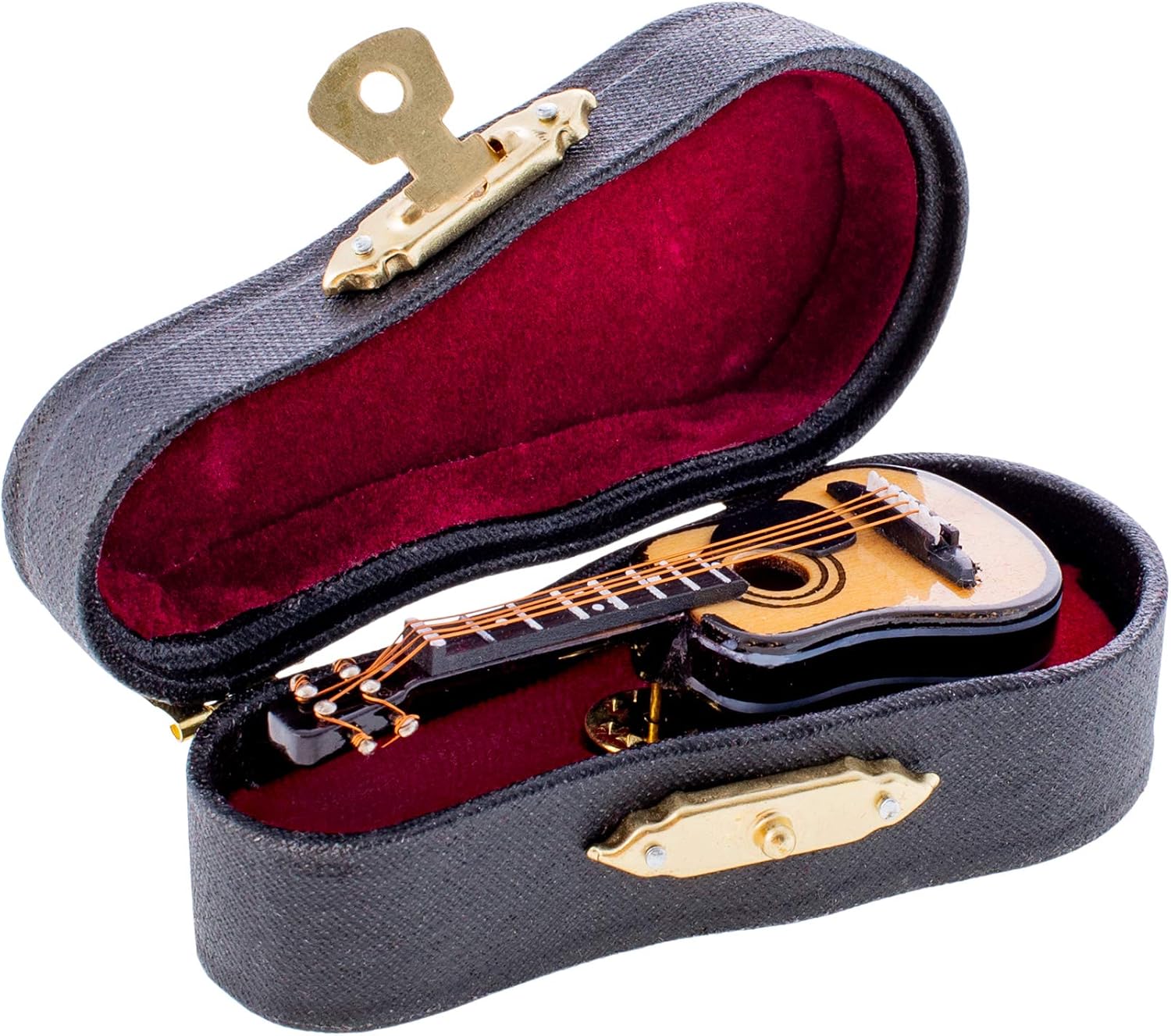 Broadway Gift Co. Miniature Steel String Guitar with Pick Guard 3 Inch Resin Fashion Lapel Brooch Pin with Red Velvet Lined Instrument Case
