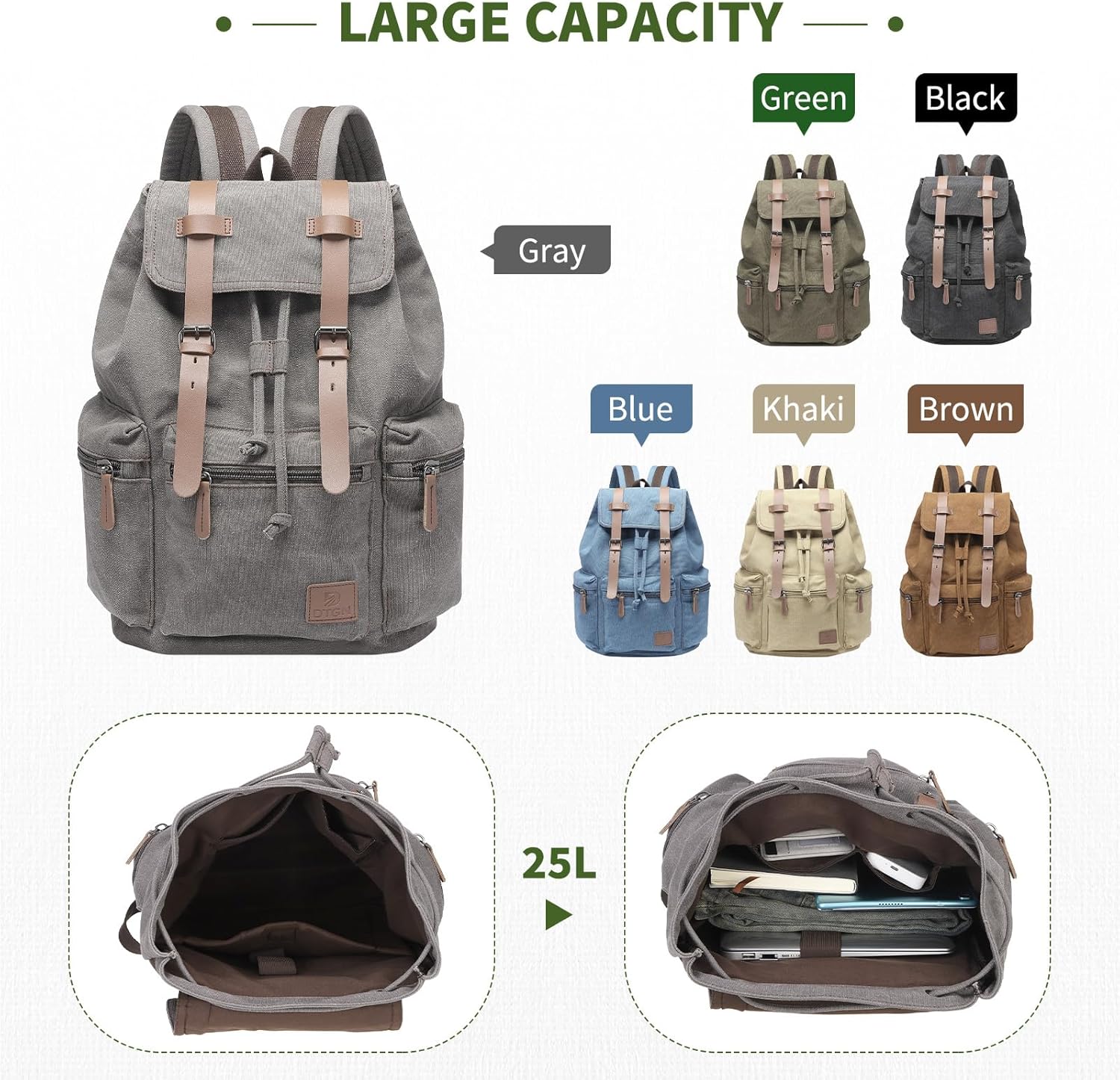 Vintage Canvas Backpack for Men & Women, Durable Casual Daypack with Leather Accent, Fits for College, Work, Travel, & Outdoor, Gray - Image 6