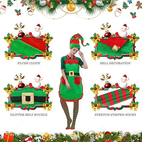 Miniatura 3 de Juego de disfraz de elfo de Navidad de 6 piezas para mujer, incluye delantal de elfo, sombrero largo, medias, orejas de elfo para fiesta de Navidad,