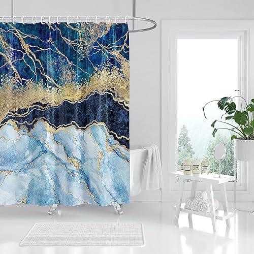 Cortina de ducha de mármol, juego de cortina de ducha de mármol azul, abstracto de lujo azul dorado con textura de vetas de mármol para baño, tela