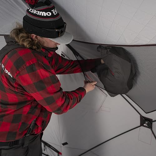 Miniatura 8 de Eskimo Outbreak Portable Pop-Up Ice Fishing Shelter, Stormshield Insulated Fabric, No Trip Door, Durable Hub Design, Deluxe Tie Downs, RedBlack
