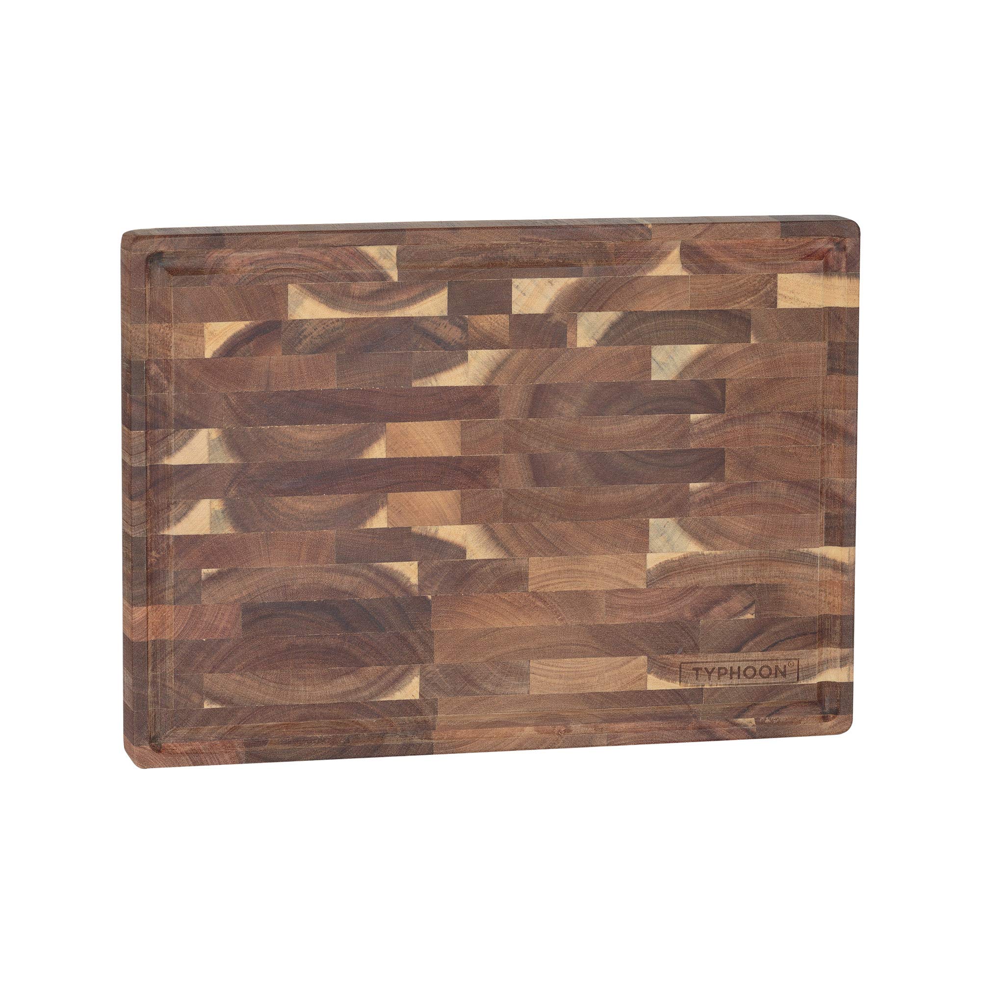 Typhoon World Foods End Grain Acacia Block | Made from Durable and Sustainable Acacia Wood | Cutting, Chopping and Serving Butcher Block with Juice Groove | 350 mm x 250 mm x 30 mm