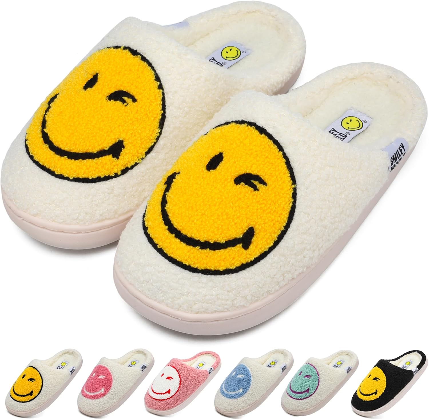 Smile Face Slippers for Womens Mens Soft Plush House Slippers Retro Happy Slip-On Slides Winter Warm Comfy Memory Foam Fluffy Indoor Outdoor Shoes