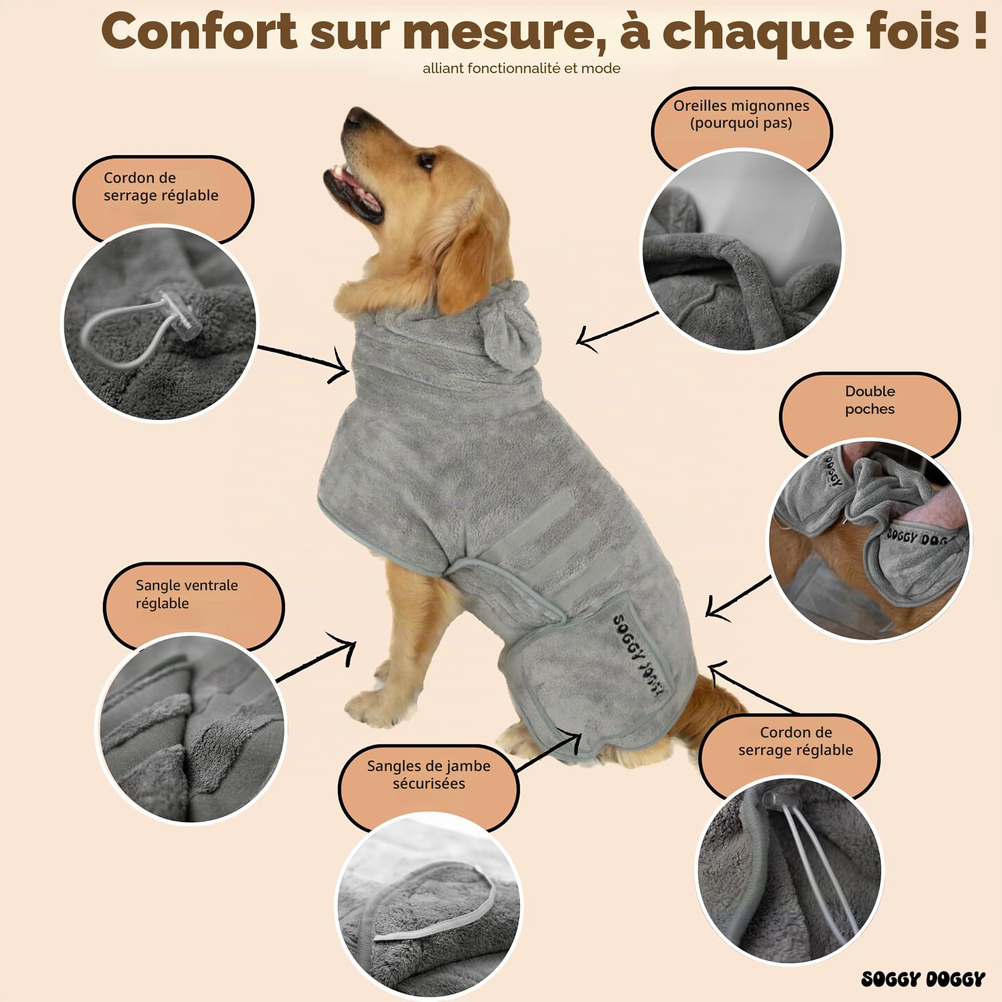 SOGGYDOGGY® UK : Manteau de séchage de luxe pour chien, super absorbant, en microfibre, séchage rapide en quelques minutes, peignoir épais et doux – Pour le bain, le marié et les voyages, couvre les