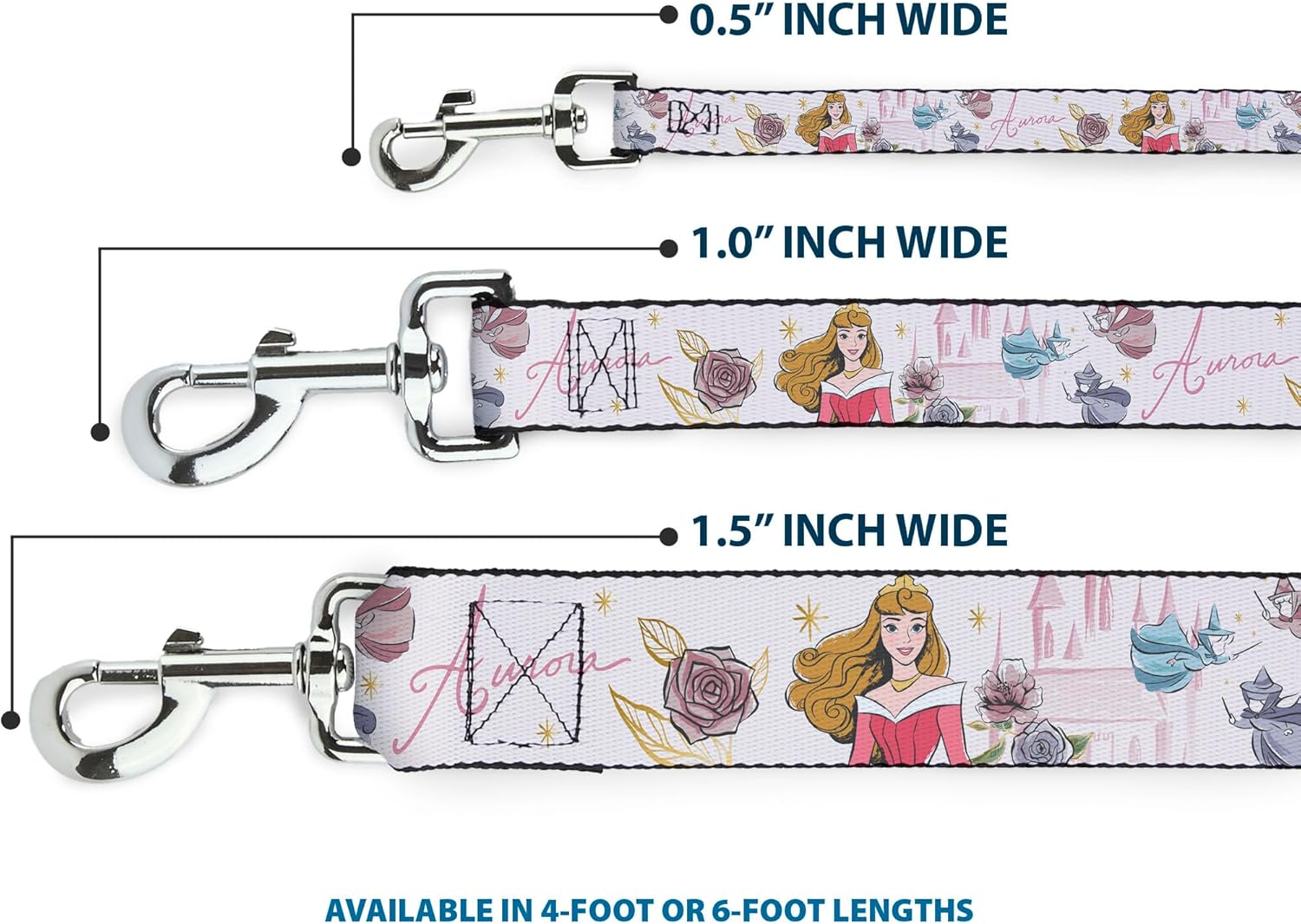 Disney Pet Leash, Dog Leash, Sleeping Beauty Aurora and Fairy Godmothers Pose with Script, 6 Feet Long 1.0 Inch Wide