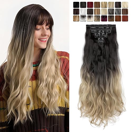 Miniatura 8 de Extensiones de cabello ondulado con clip, de 24 pulgadas de largo y grueso, 6.00 oz, extensiones de cabello sintético de doble trama, cabello