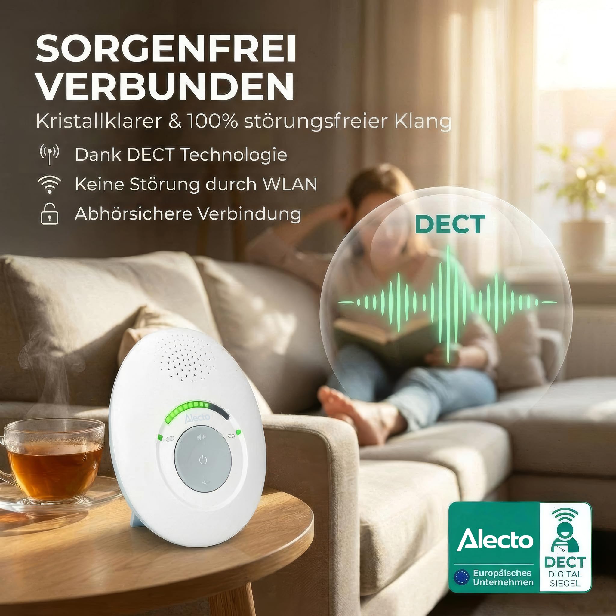 Alecto DBX110 - Audio Babyphone - Babyfon - Baby Phone | DECT - 300 m Reichweite - kompakt - LED Lautstärkeskala - VOX Funktion - strahlungsarm - weiß