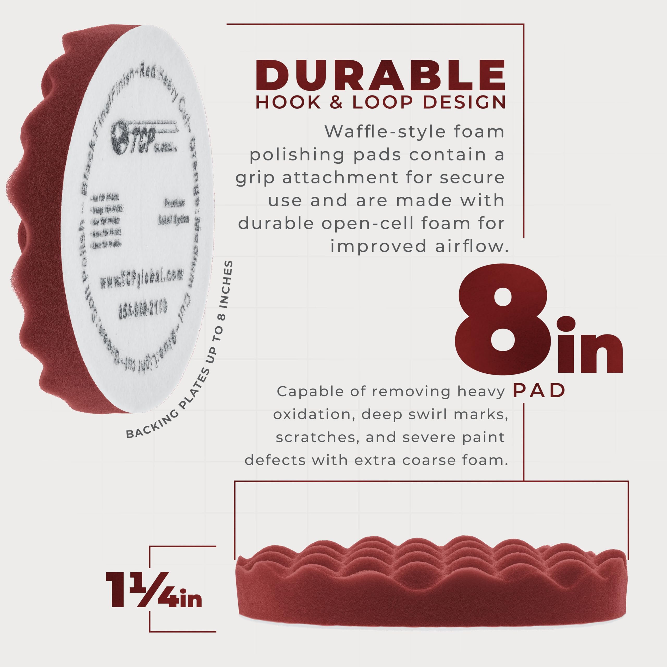 8 Red Waffle Foam Buffing Pad Extra Coarse Cutting Buffing Hook & Loop Grip Polish Car by TCP Global