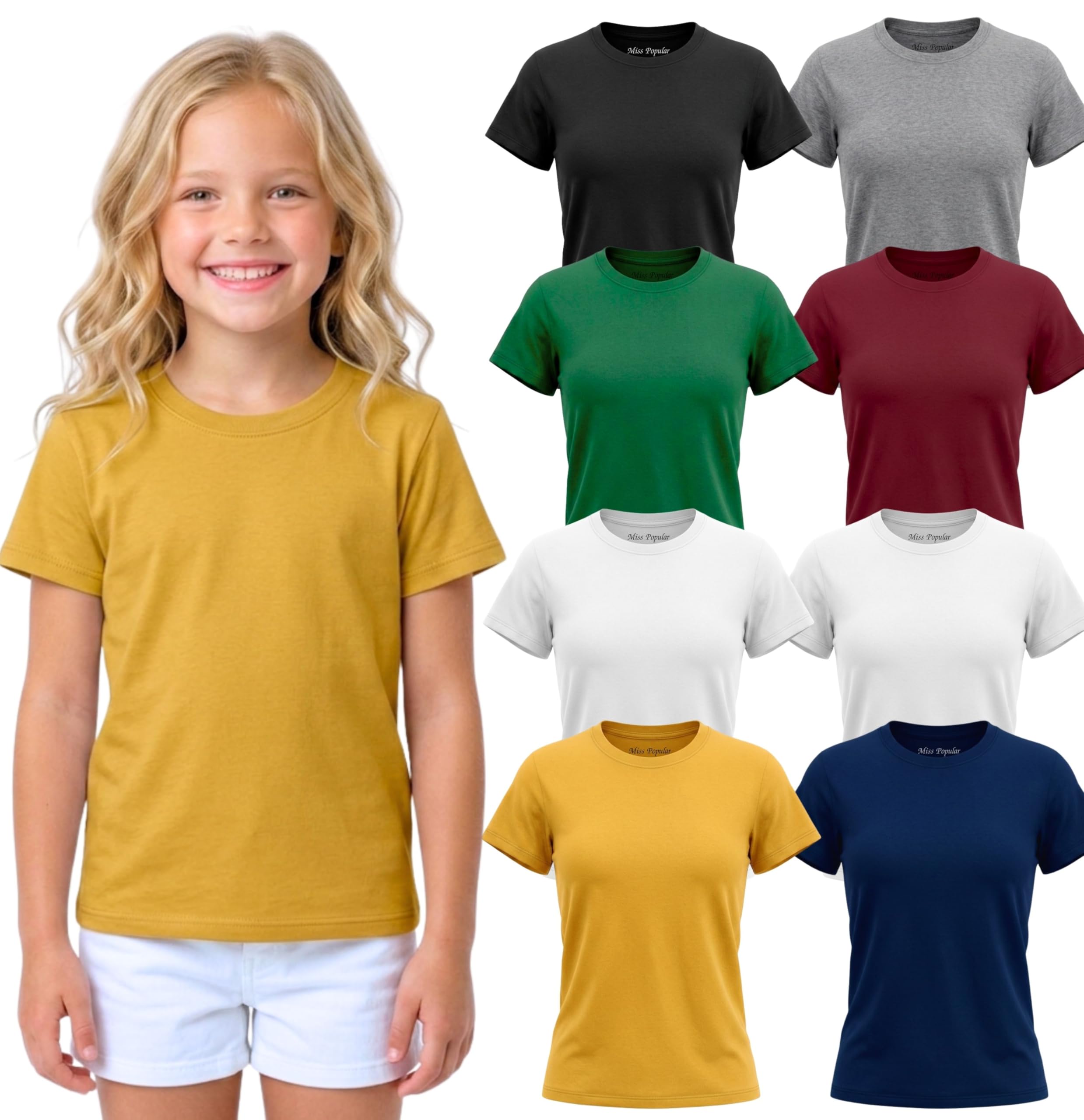 MISS POPULAR Girls' 8-Pack Super Soft Polycotton Short Sleeve Crew Neck T Shirts, Assorted Color Solid Tees