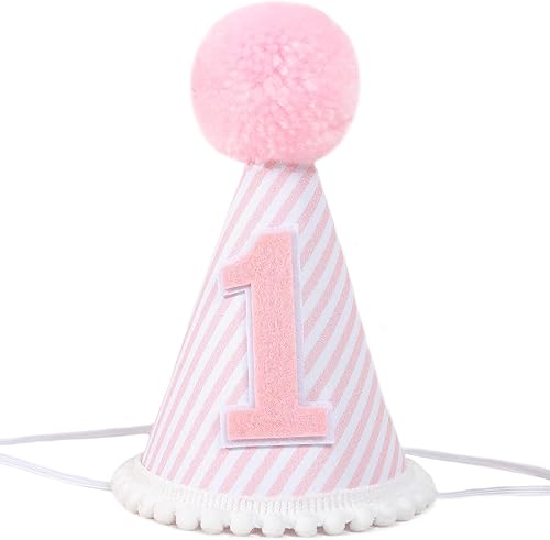 Sombrero de fiesta de primer cumpleaños rosa y blanco - Corona de primer cumpleaños para niña con accesorios para fotos para decoraciones y vestidor